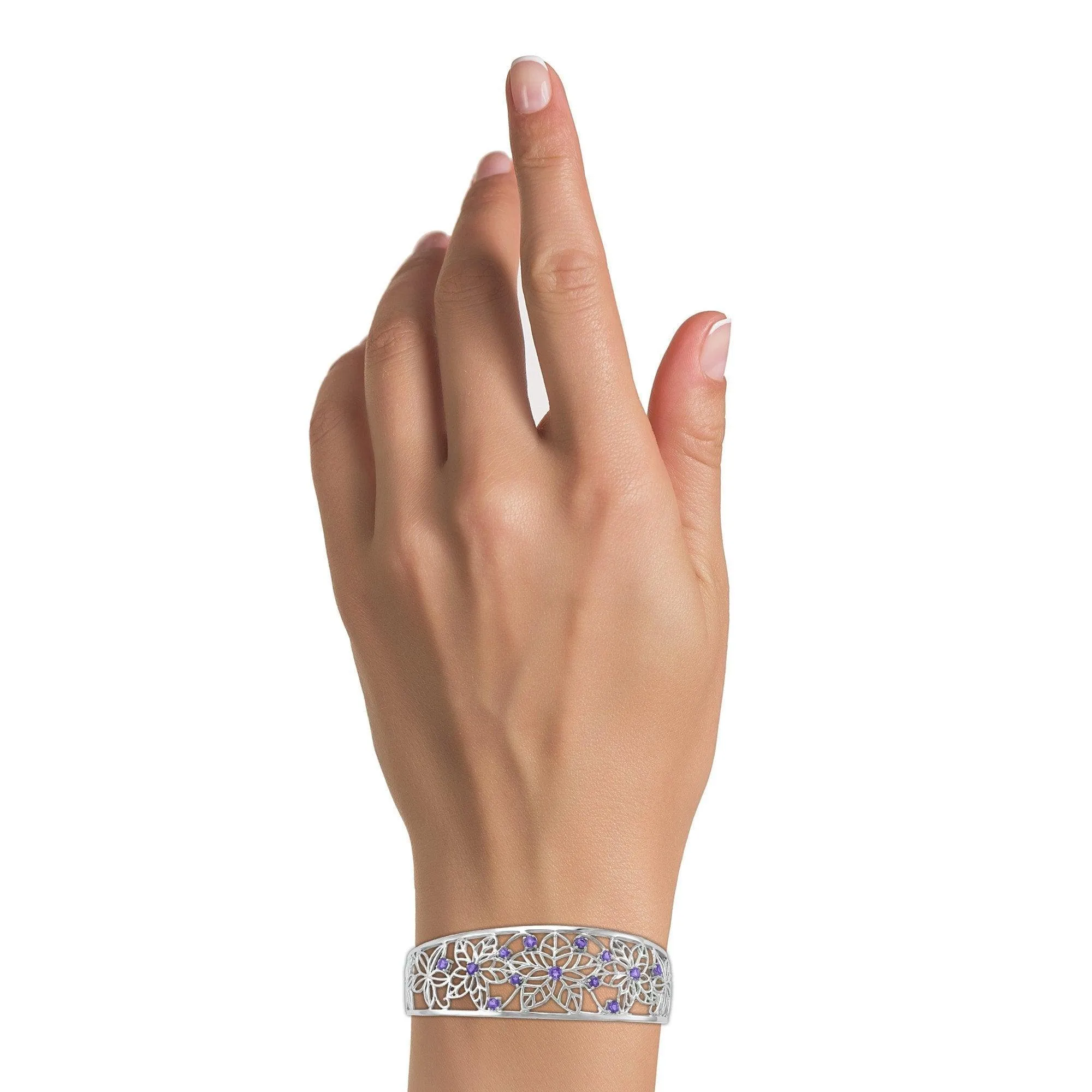 Amethyst Flower Cuff Bangle in Sterling Silver