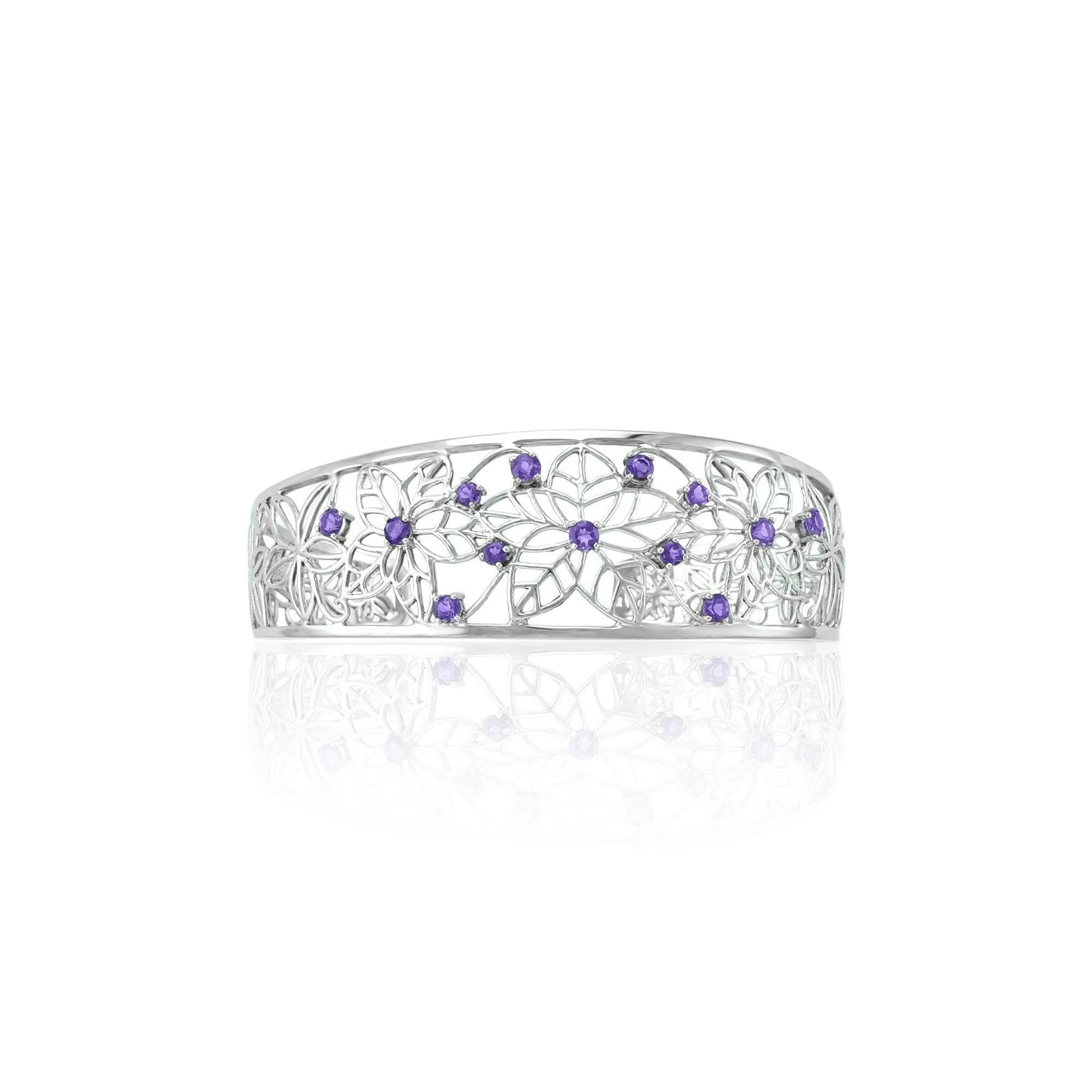 Amethyst Flower Cuff Bangle in Sterling Silver