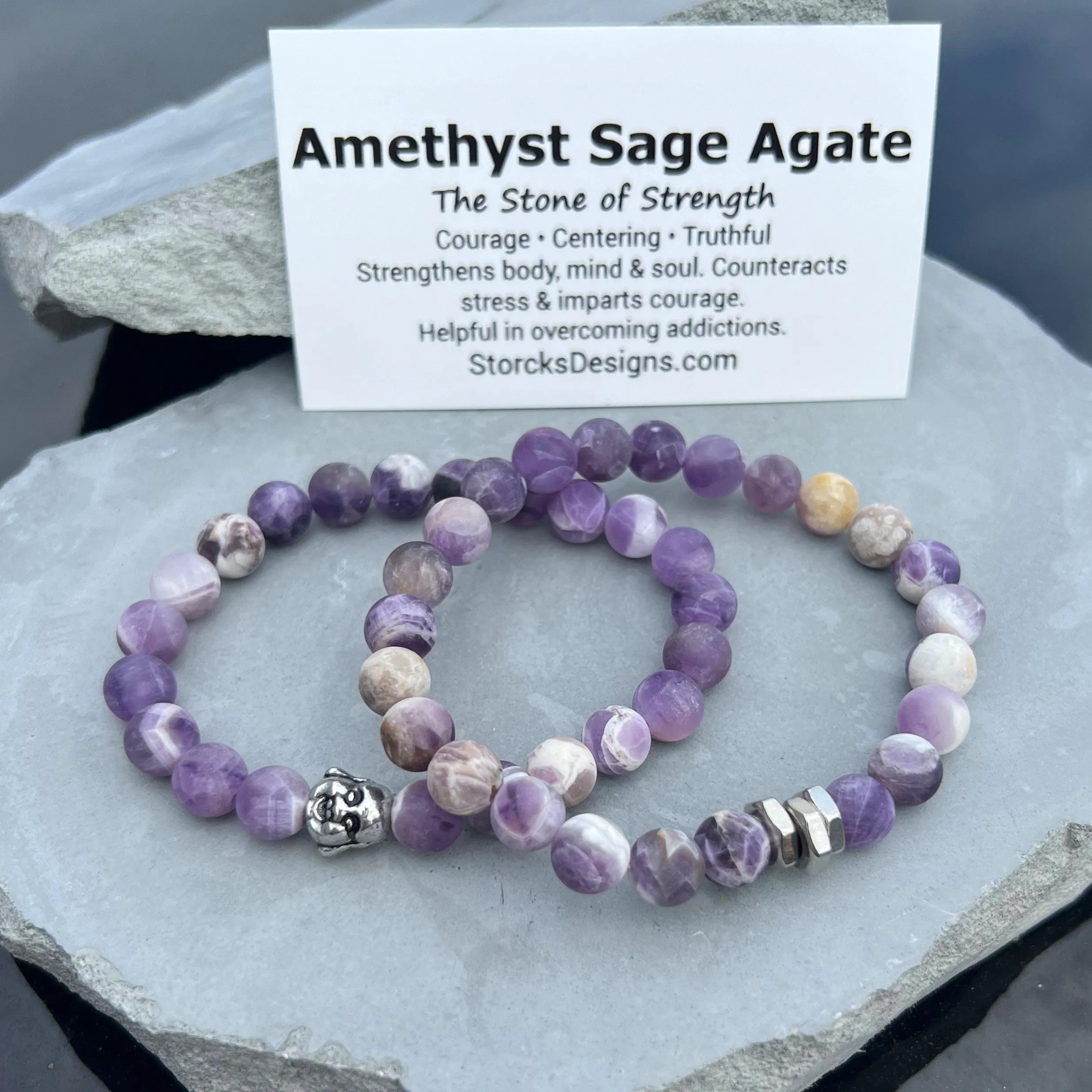 Amethyst Sage Agate 8mm Stone Beaded Bracelet
