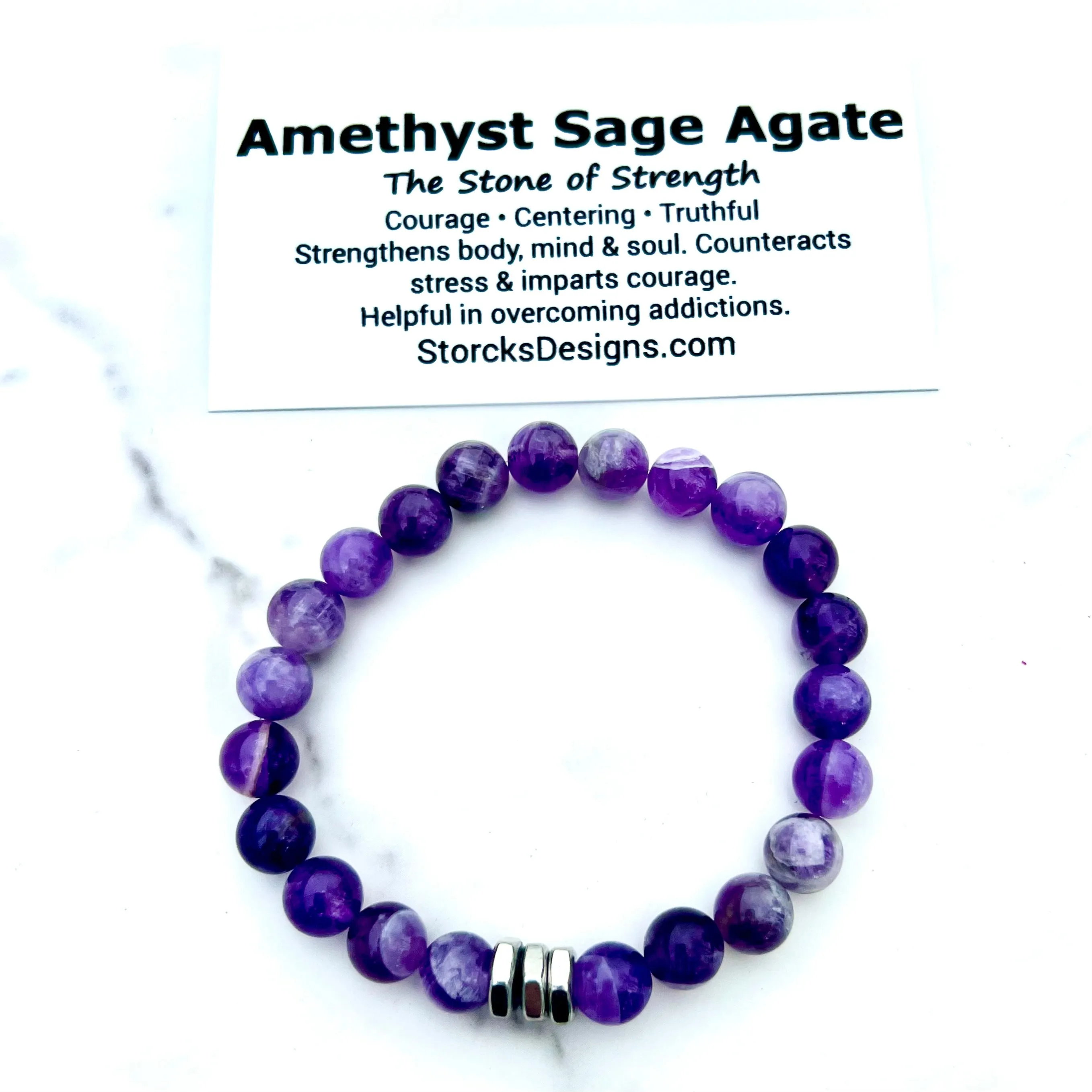 Amethyst Sage Agate 8mm Stone Beaded Bracelet