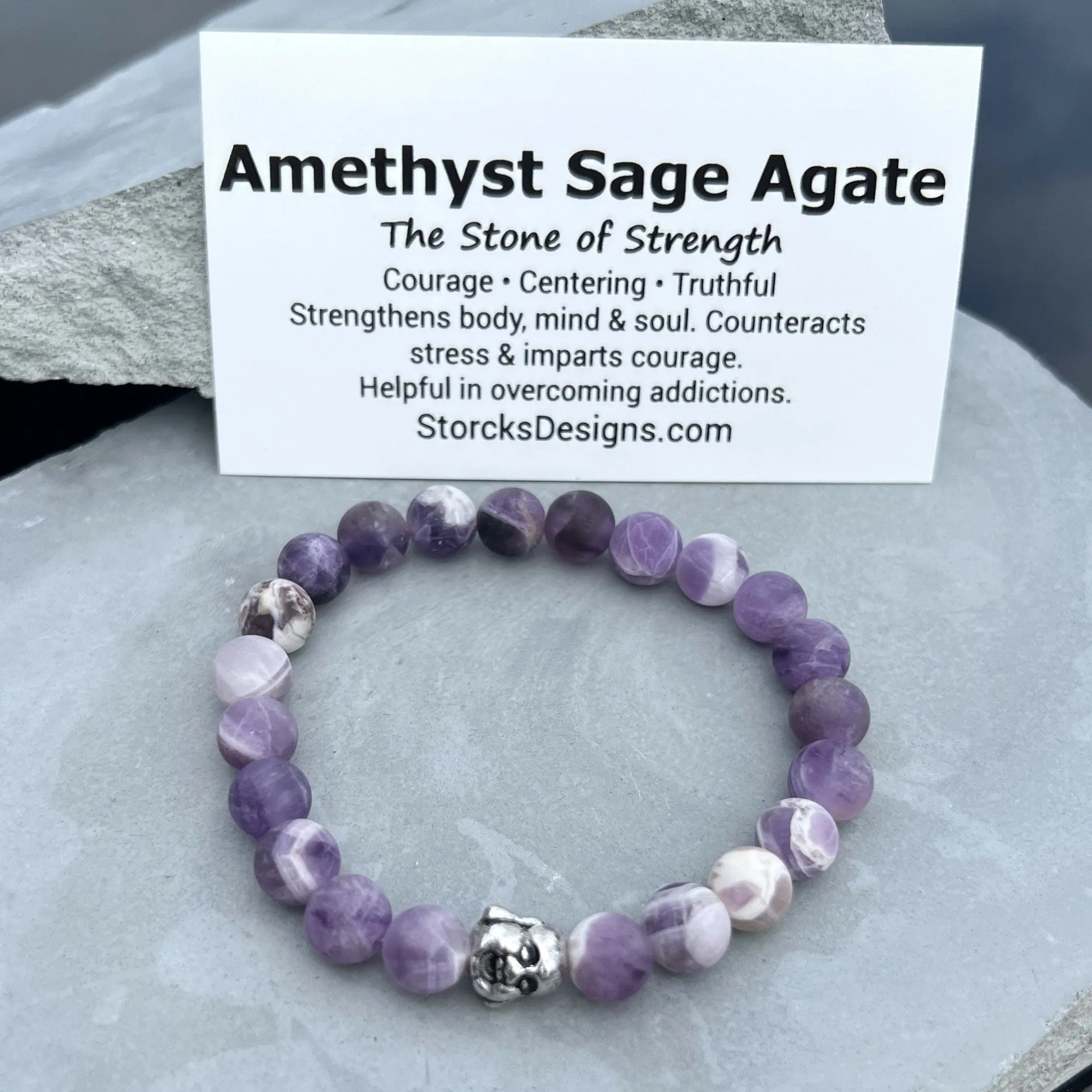 Amethyst Sage Agate 8mm Stone Beaded Bracelet