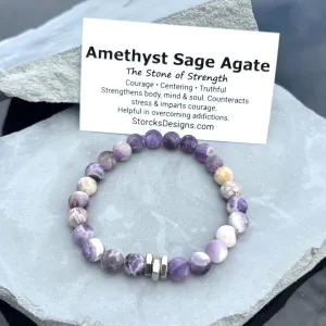 Amethyst Sage Agate 8mm Stone Beaded Bracelet