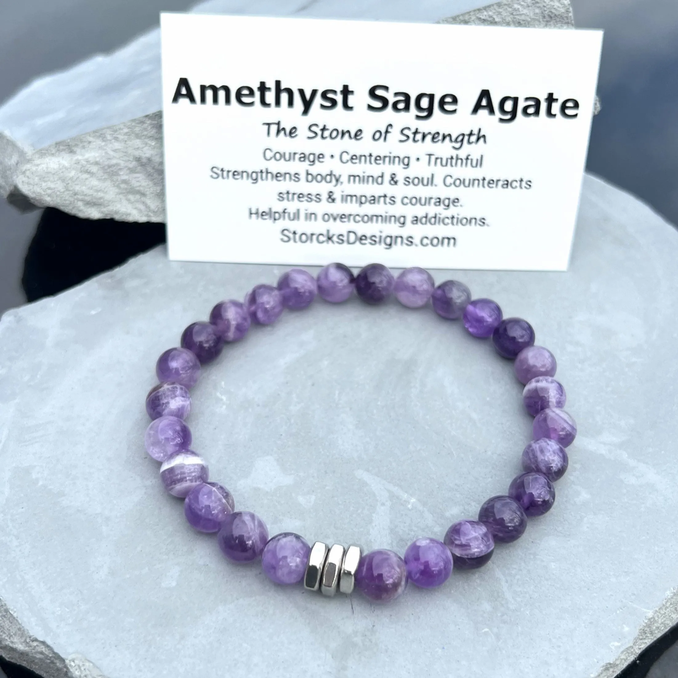 Amethyst Sage Agate 8mm Stone Beaded Bracelet
