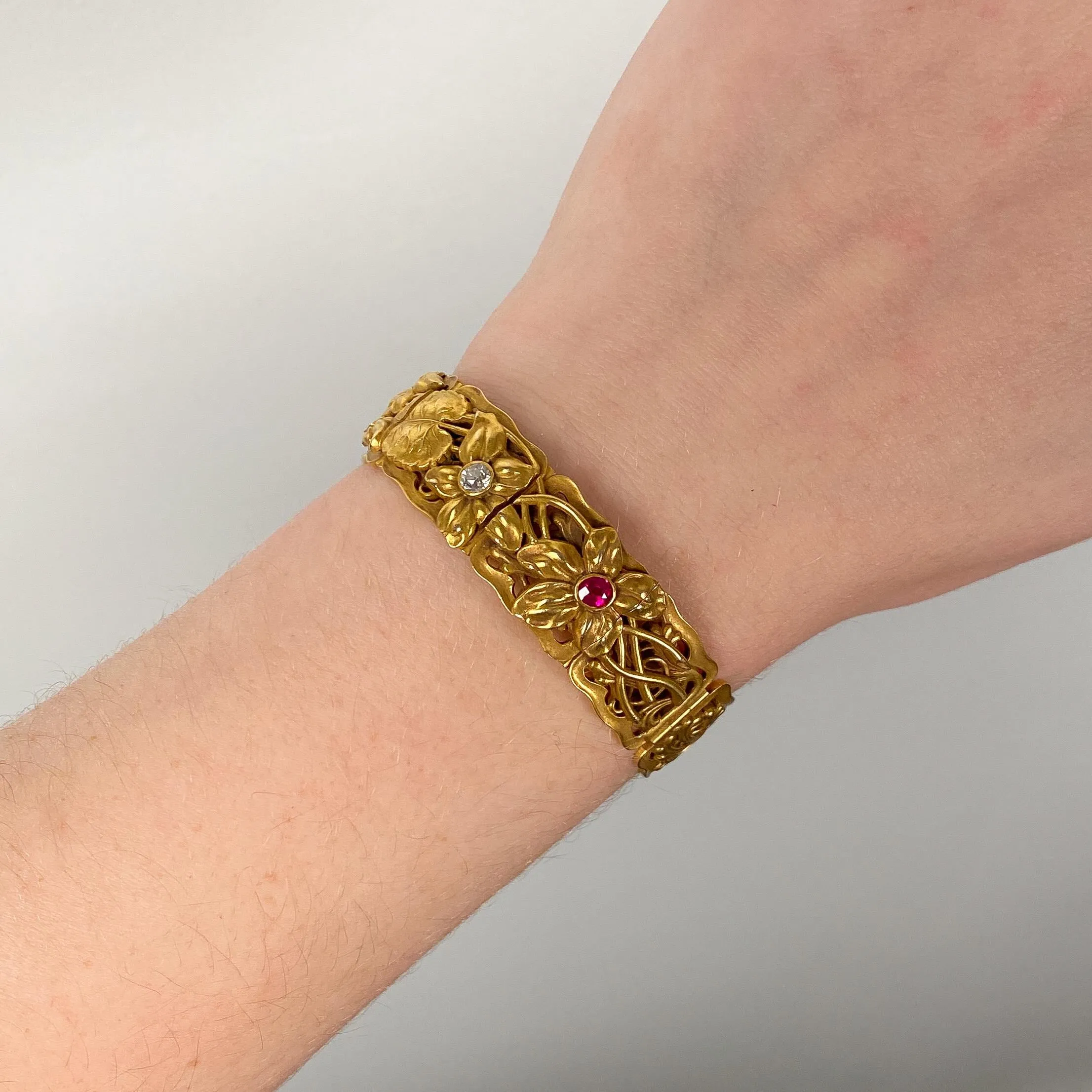 Antique Ruby and Diamond Floral Bracelet by Riker Brothers