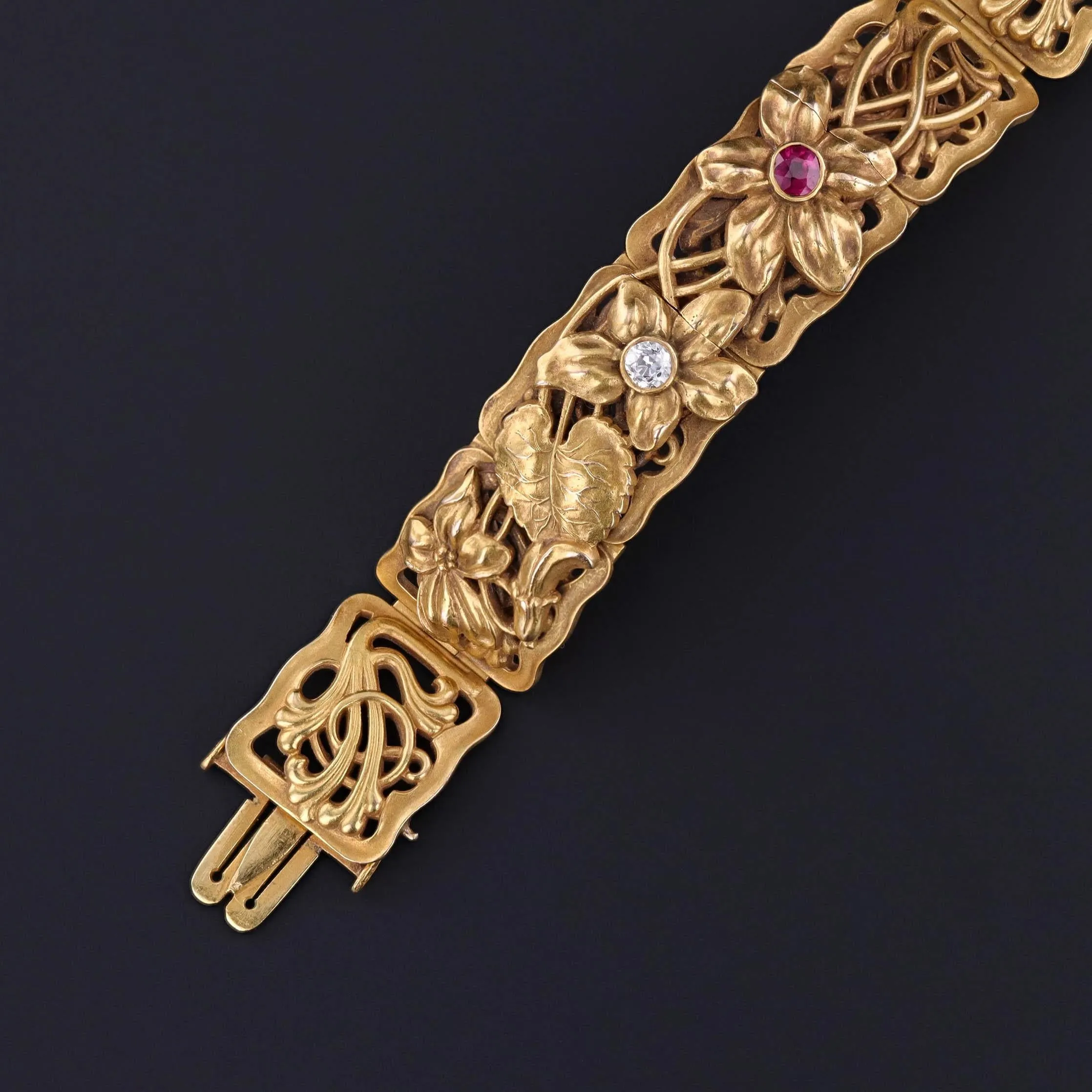 Antique Ruby and Diamond Floral Bracelet by Riker Brothers