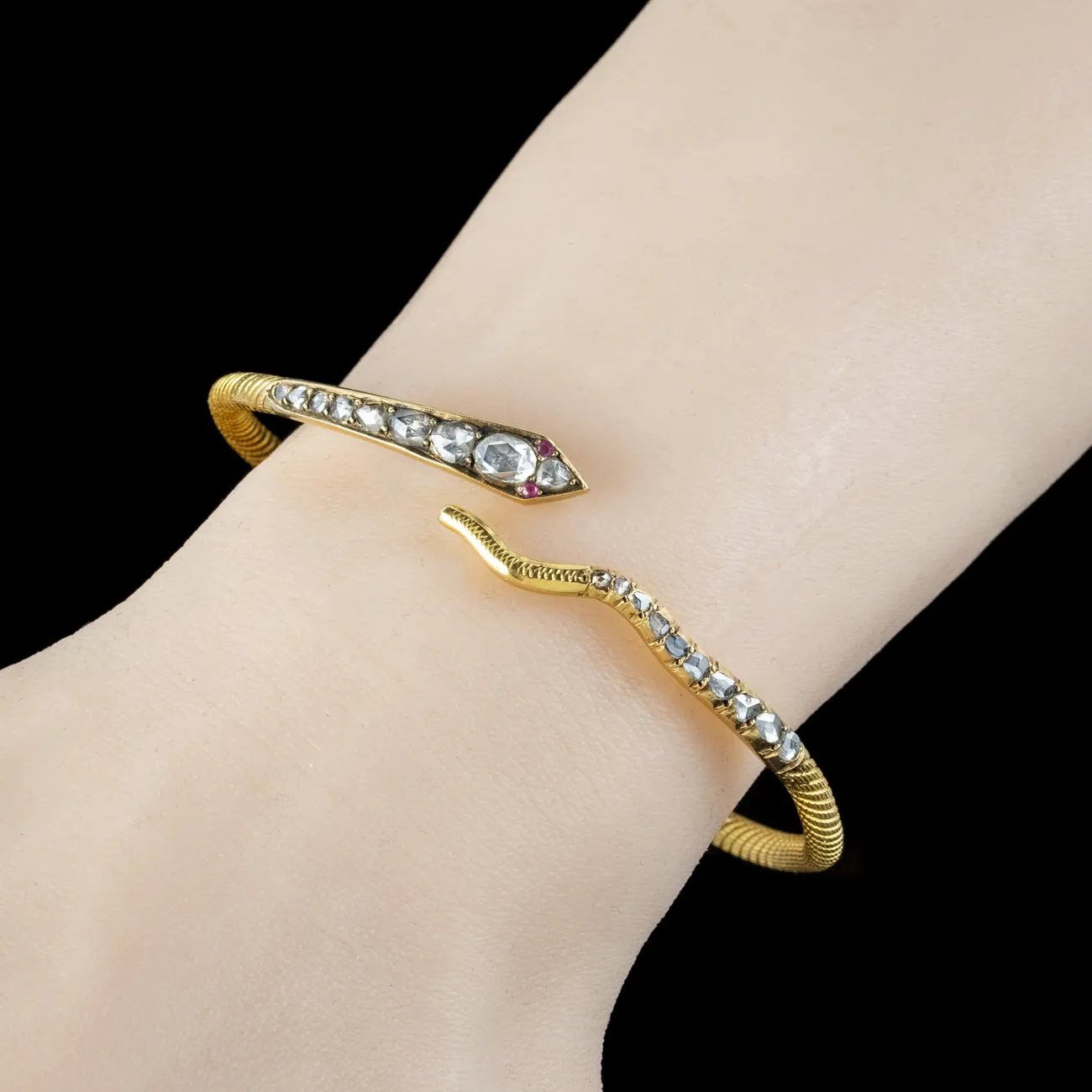 Antique Victorian Diamond Snake Bangle Ruby Eyes 2.1ct Diamond