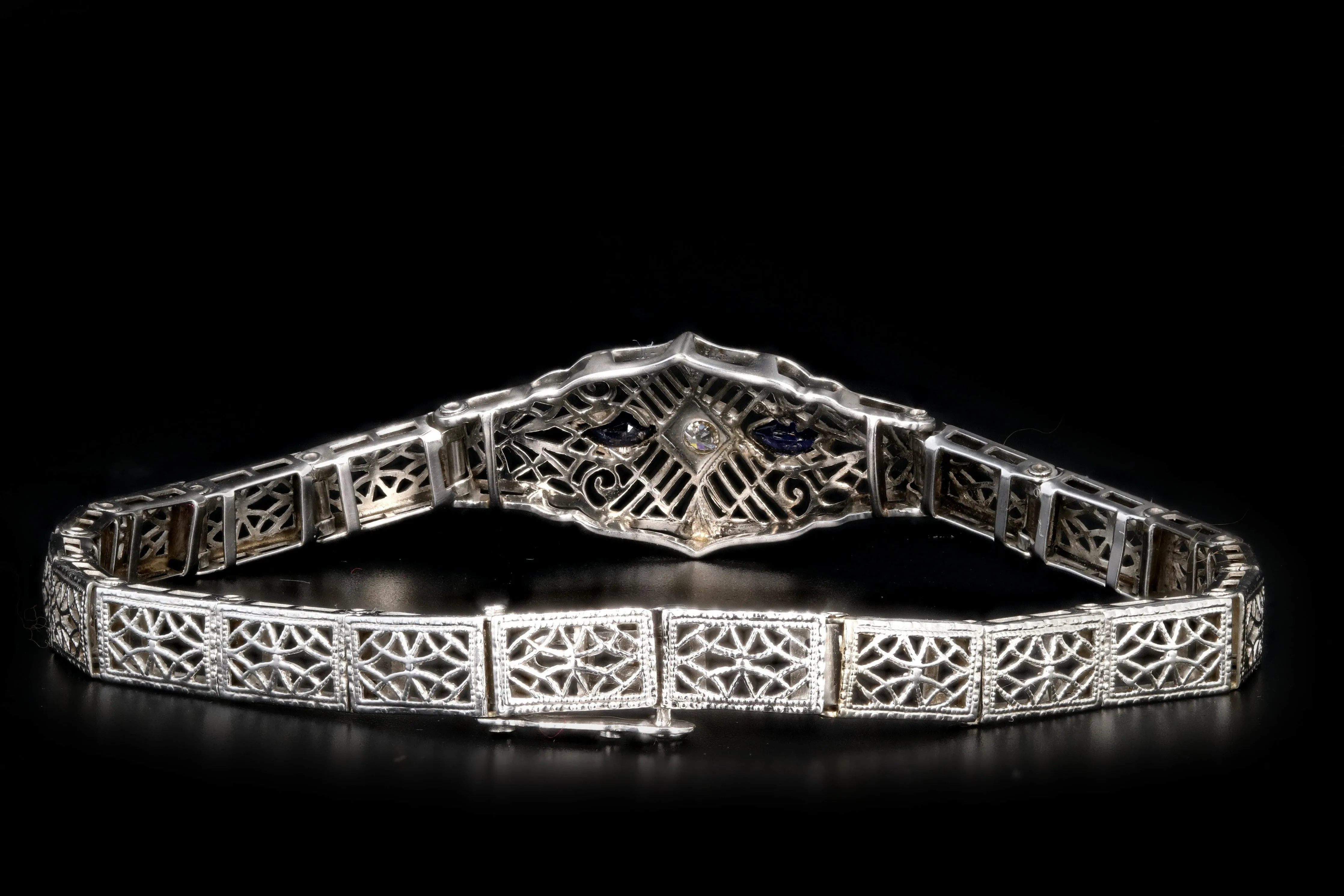 Art Deco 10K White Gold Sapphire and Diamond Filigree Bracelet