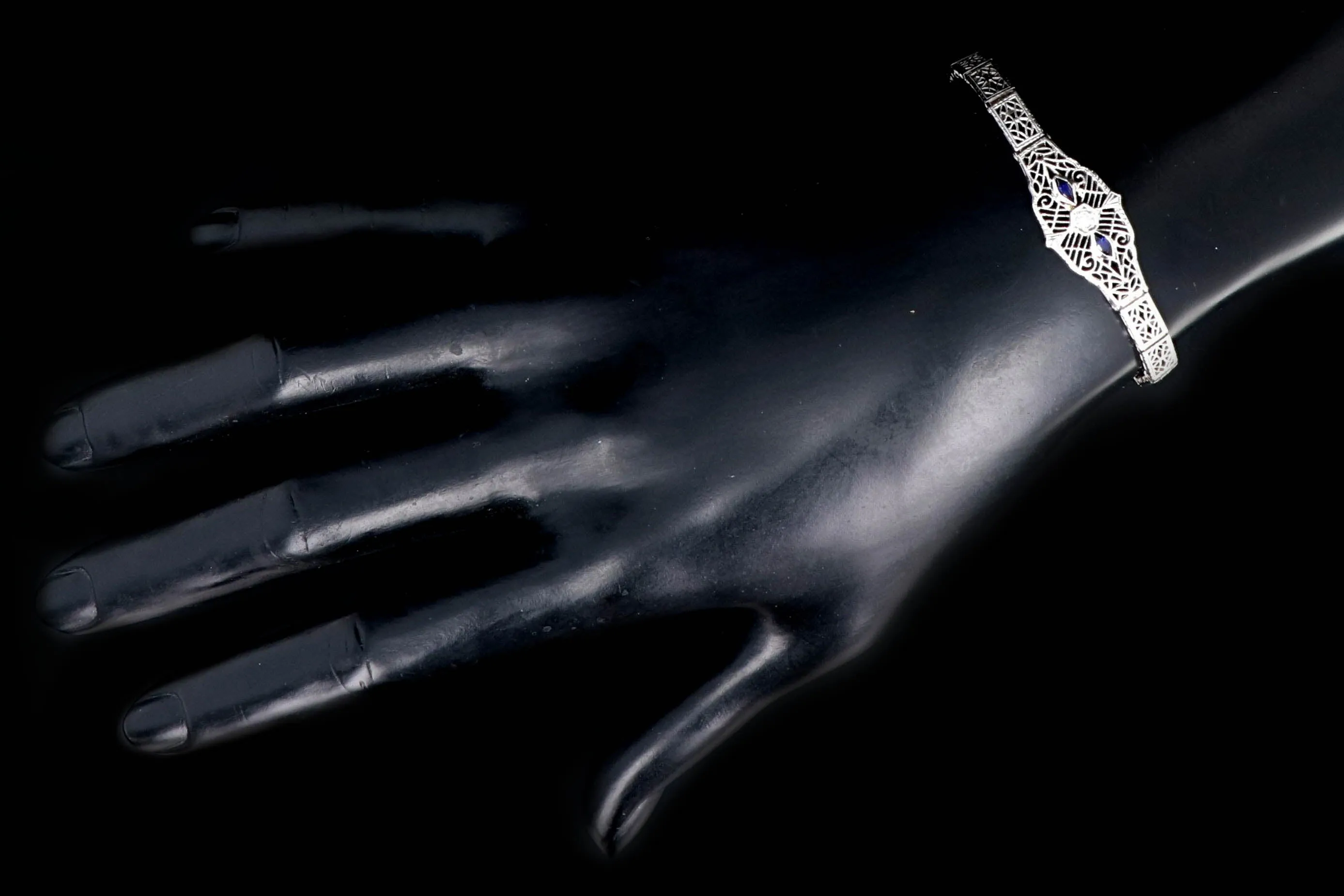 Art Deco 10K White Gold Sapphire and Diamond Filigree Bracelet