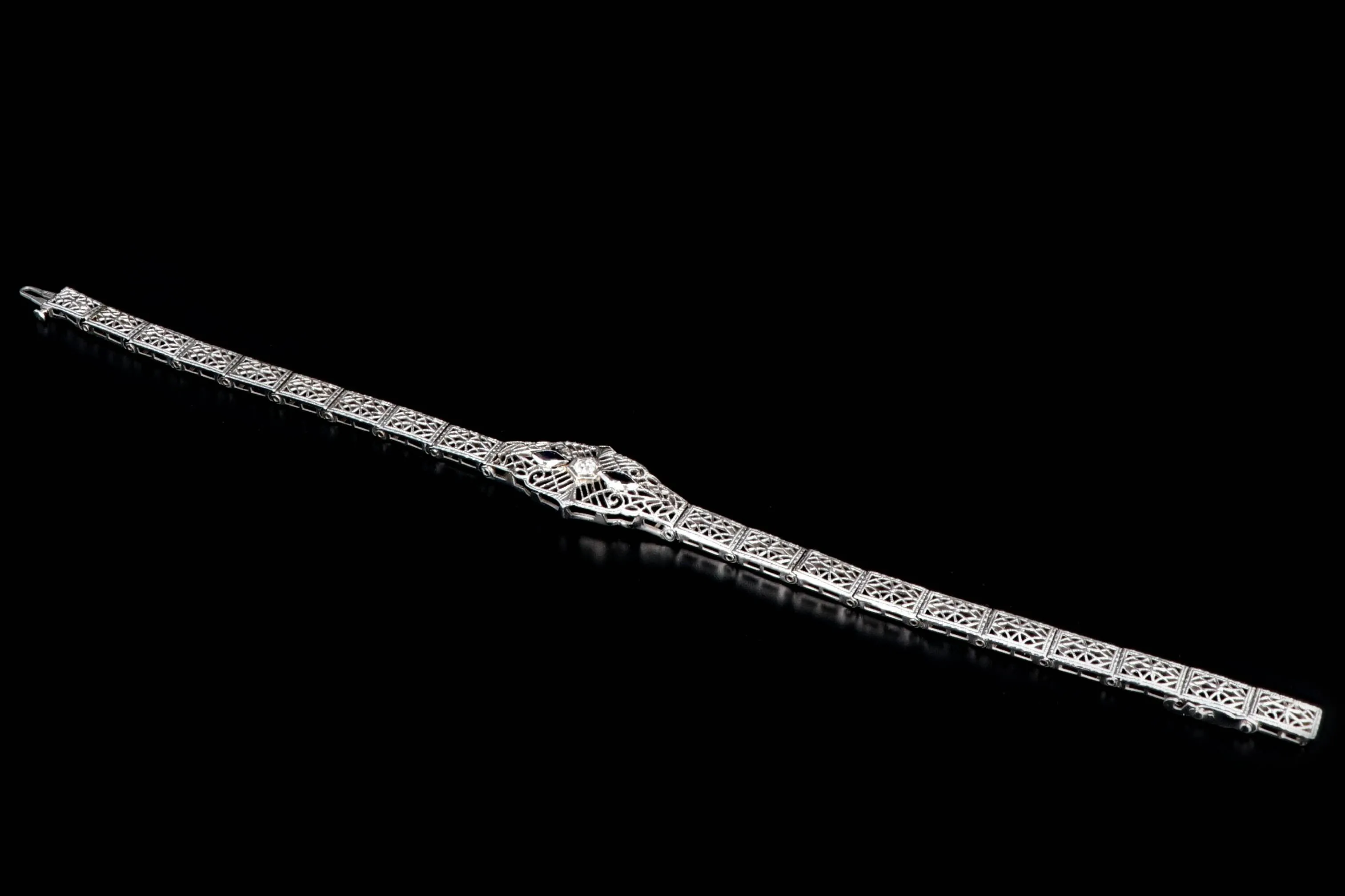 Art Deco 10K White Gold Sapphire and Diamond Filigree Bracelet