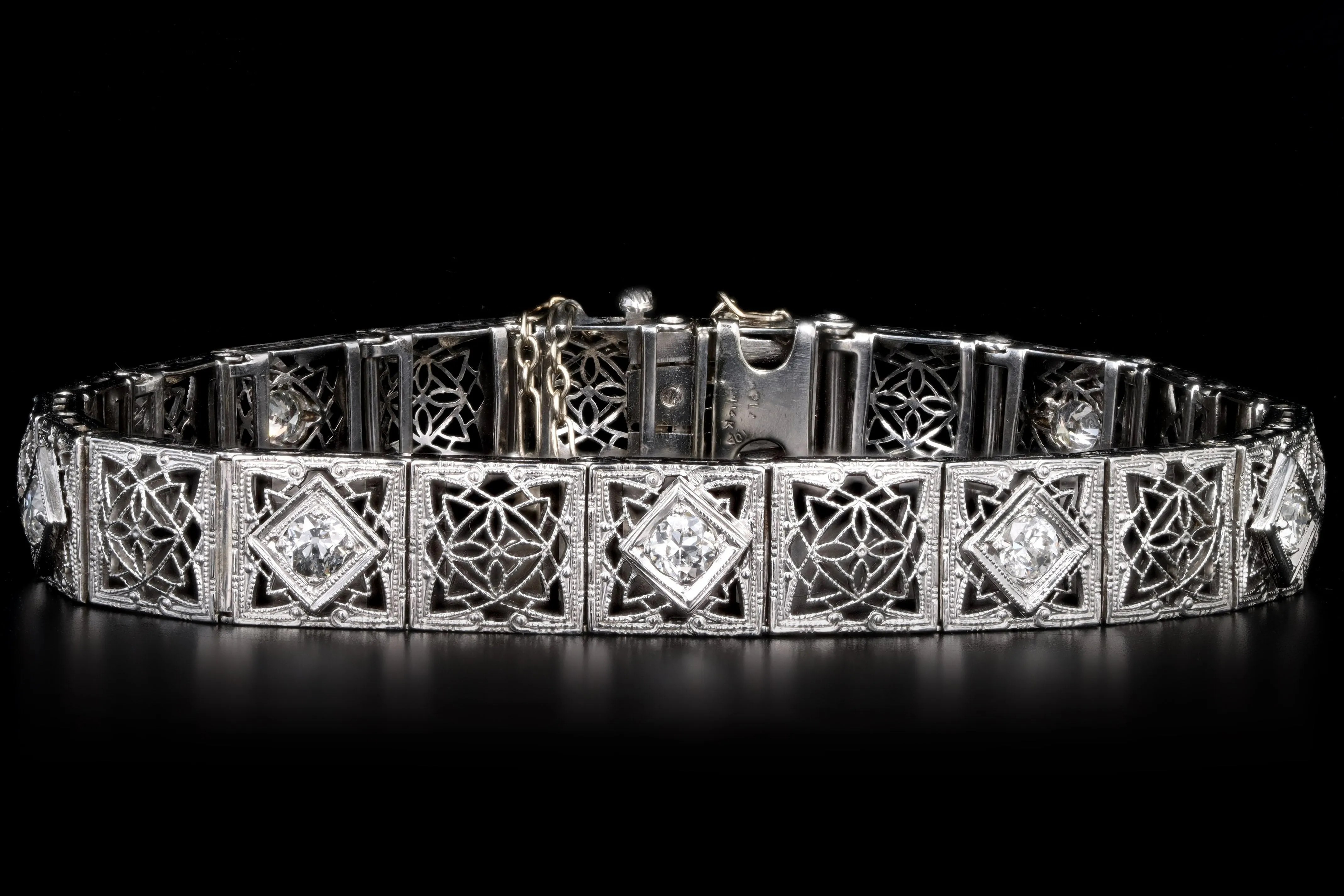 Art Deco 14K White Gold & Platinum 1 Carat Total Weight Old European Cut Diamond Bracelet