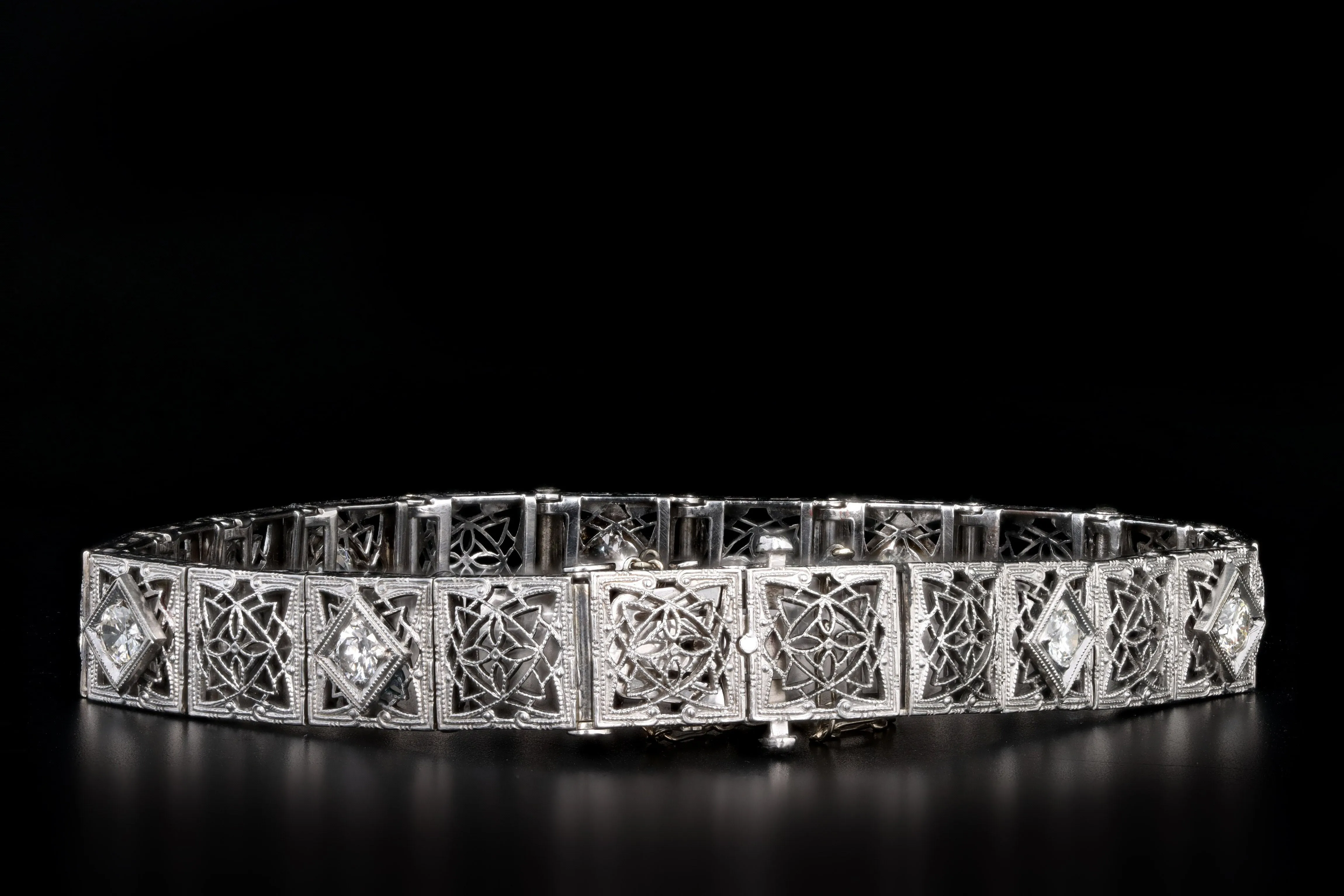 Art Deco 14K White Gold & Platinum 1 Carat Total Weight Old European Cut Diamond Bracelet