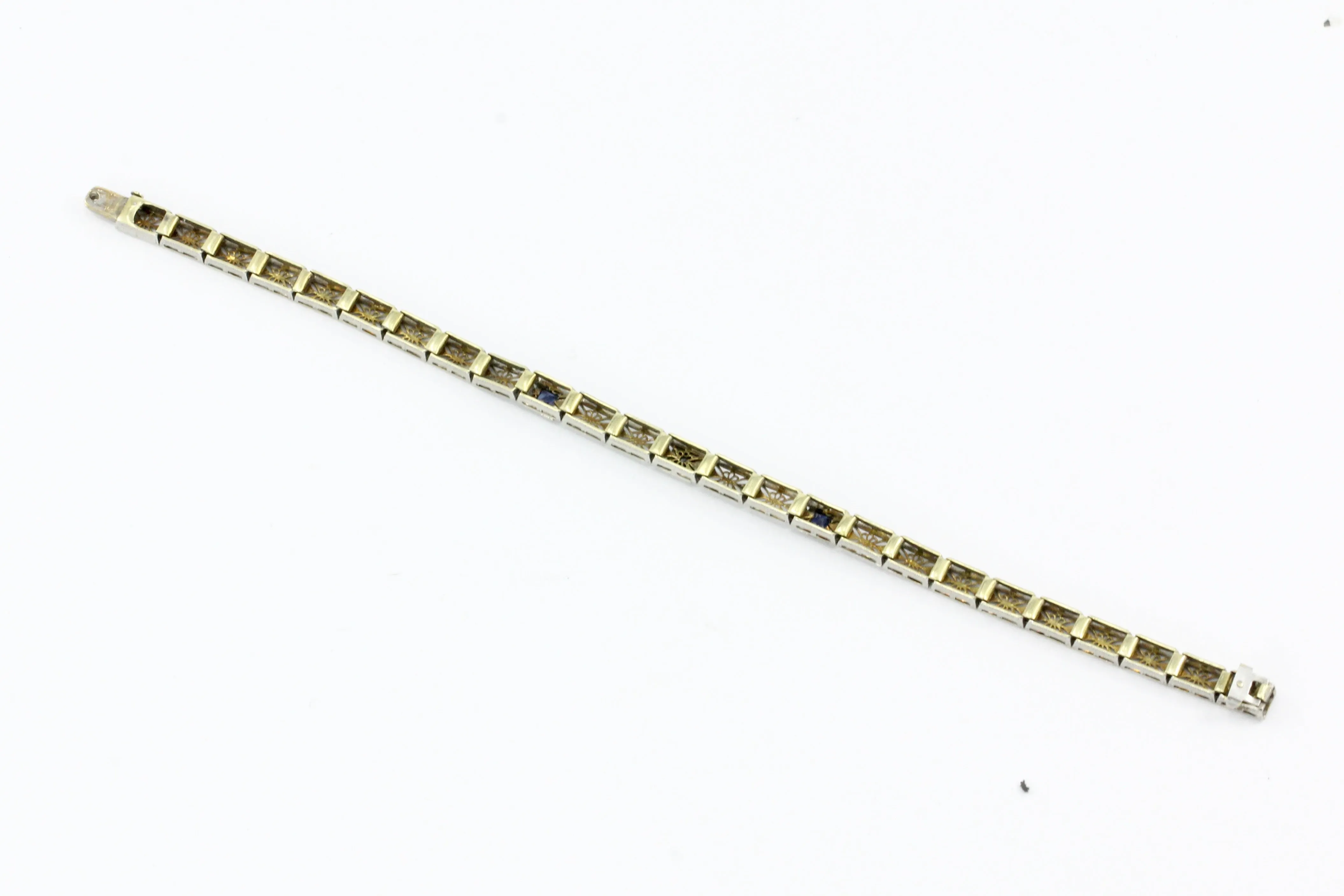 Art Deco 14K White Gold Diamond & French Cut Sapphire Filigree Bracelet