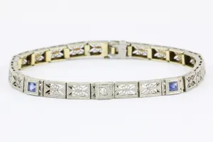 Art Deco 14K White Gold Diamond & French Cut Sapphire Filigree Bracelet