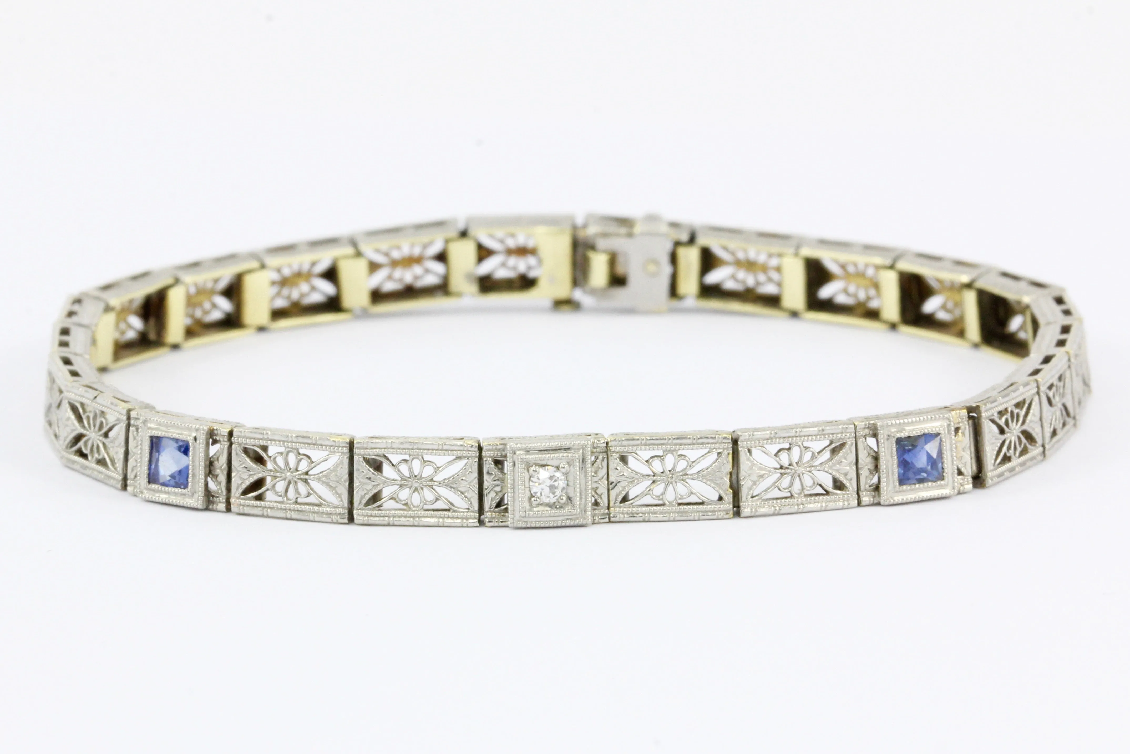 Art Deco 14K White Gold Diamond & French Cut Sapphire Filigree Bracelet