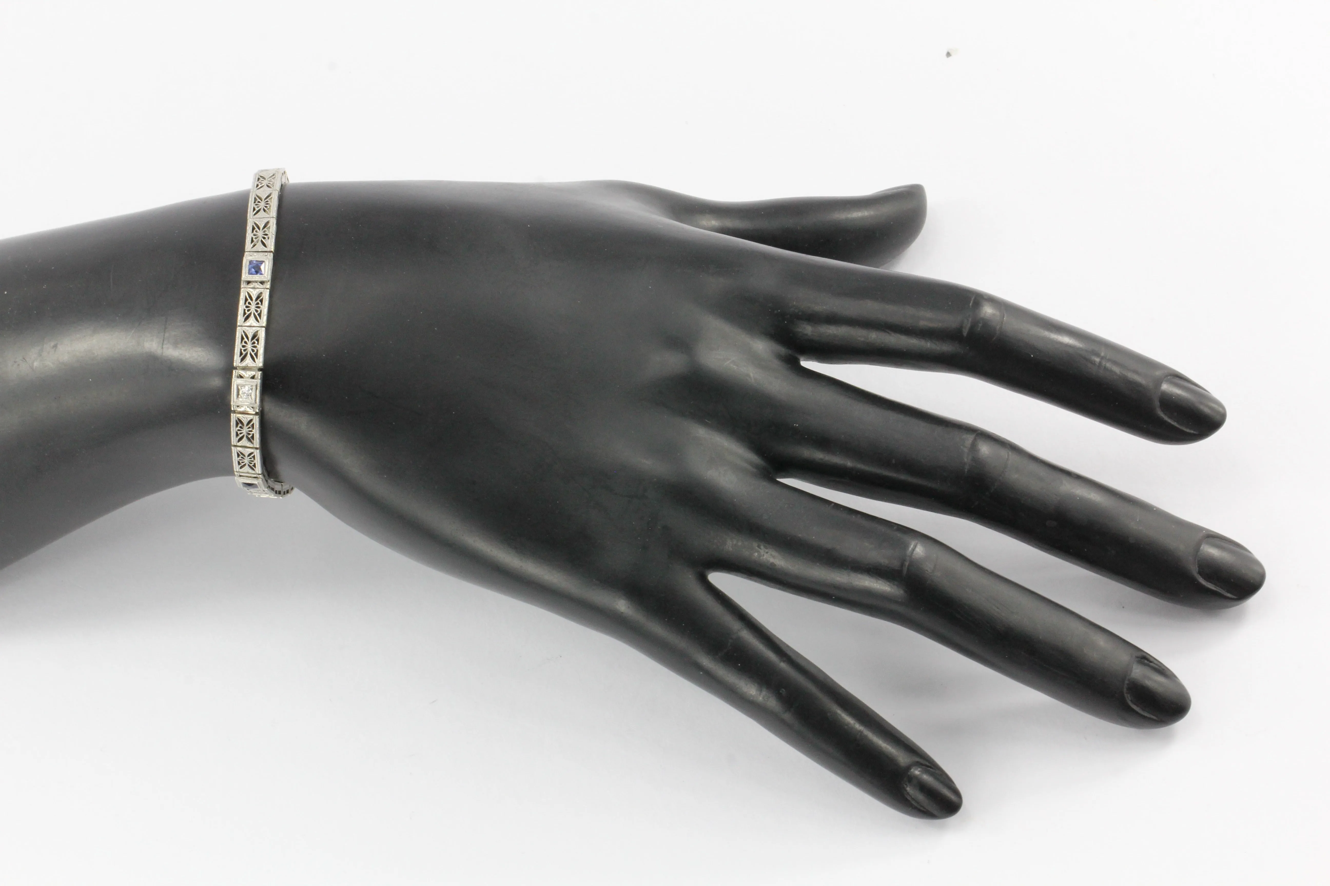 Art Deco 14K White Gold Diamond & French Cut Sapphire Filigree Bracelet