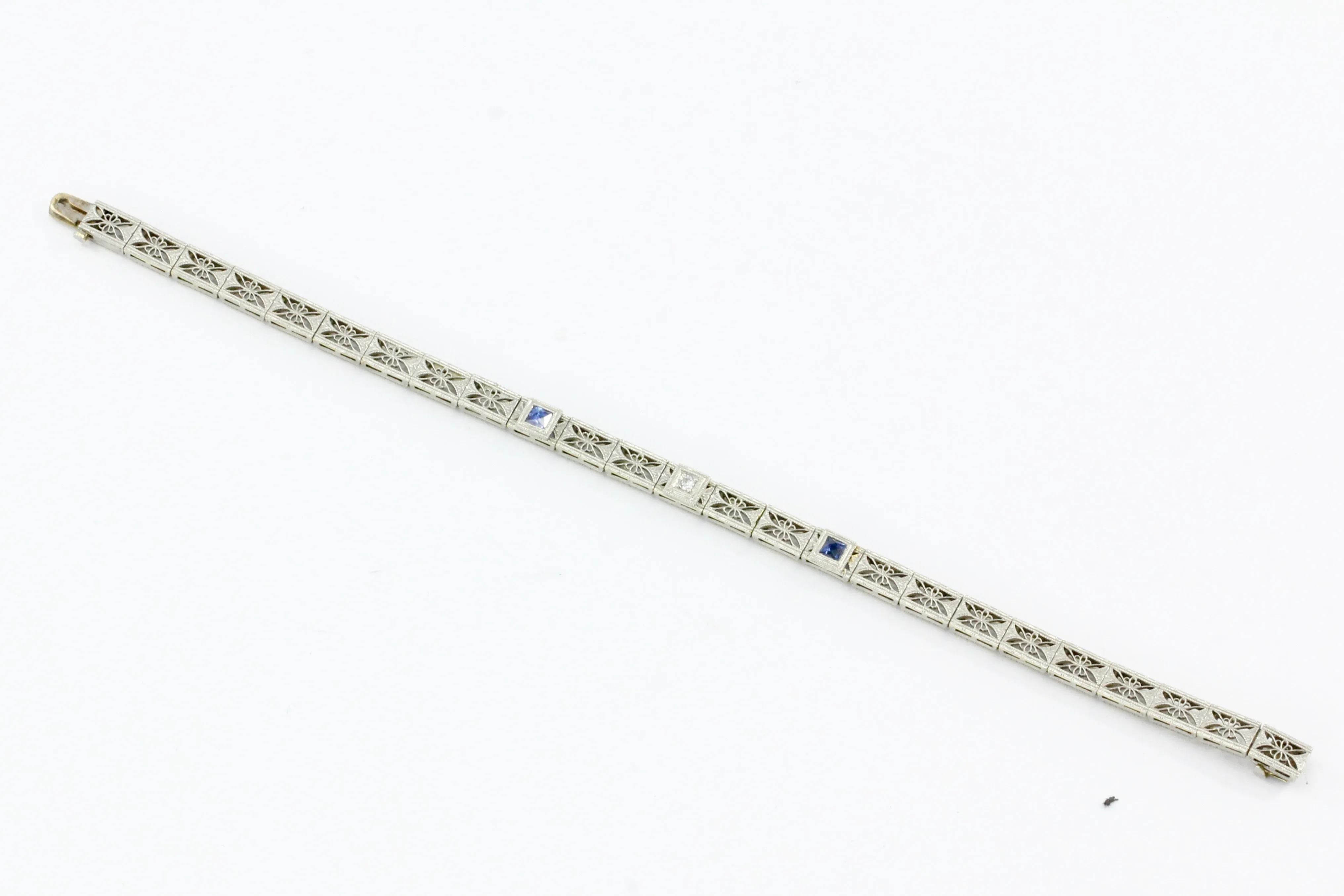 Art Deco 14K White Gold Diamond & French Cut Sapphire Filigree Bracelet