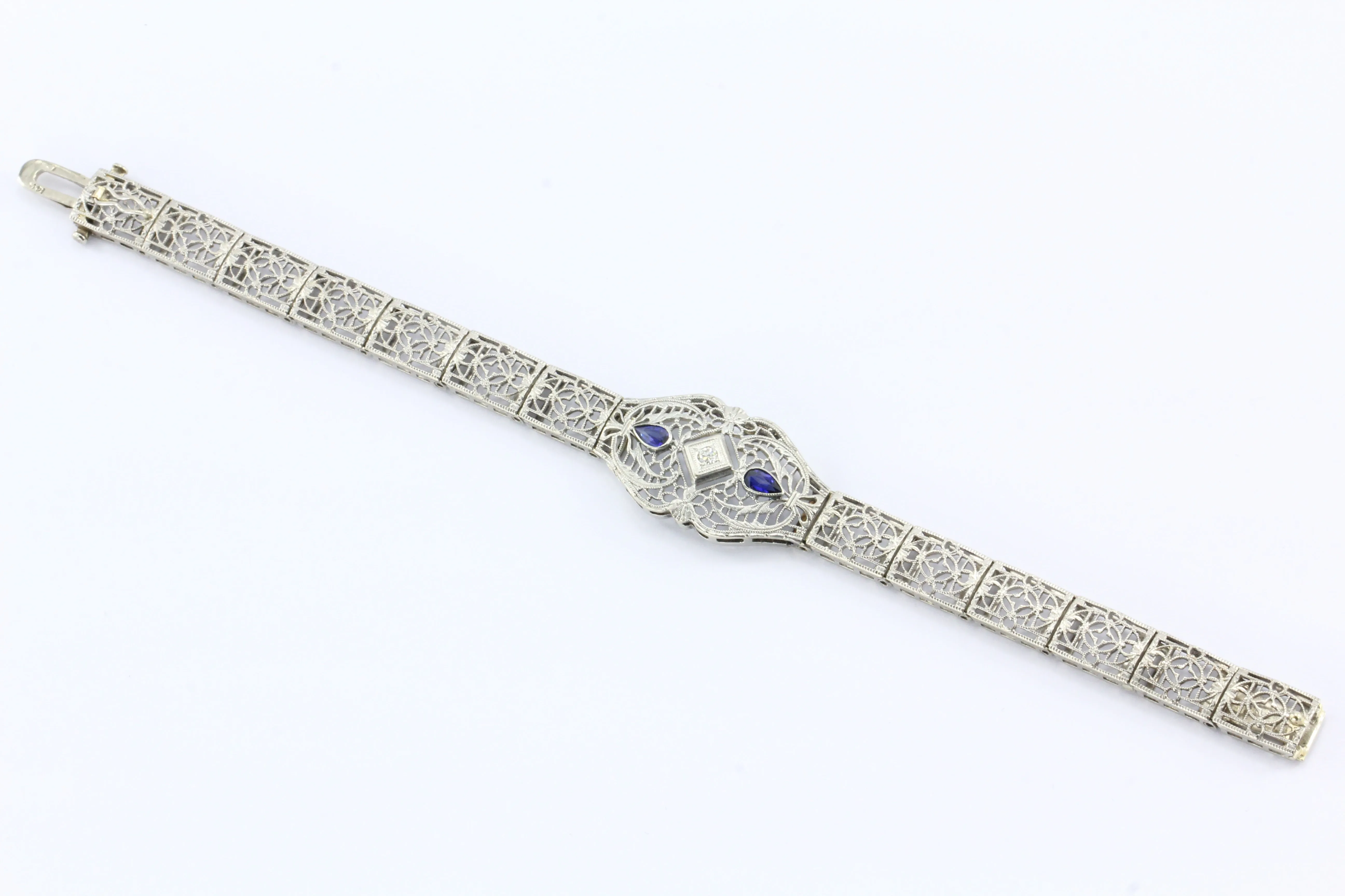 Art Deco 14K White Gold Diamond Sapphire Filigree Bracelet c.1930's
