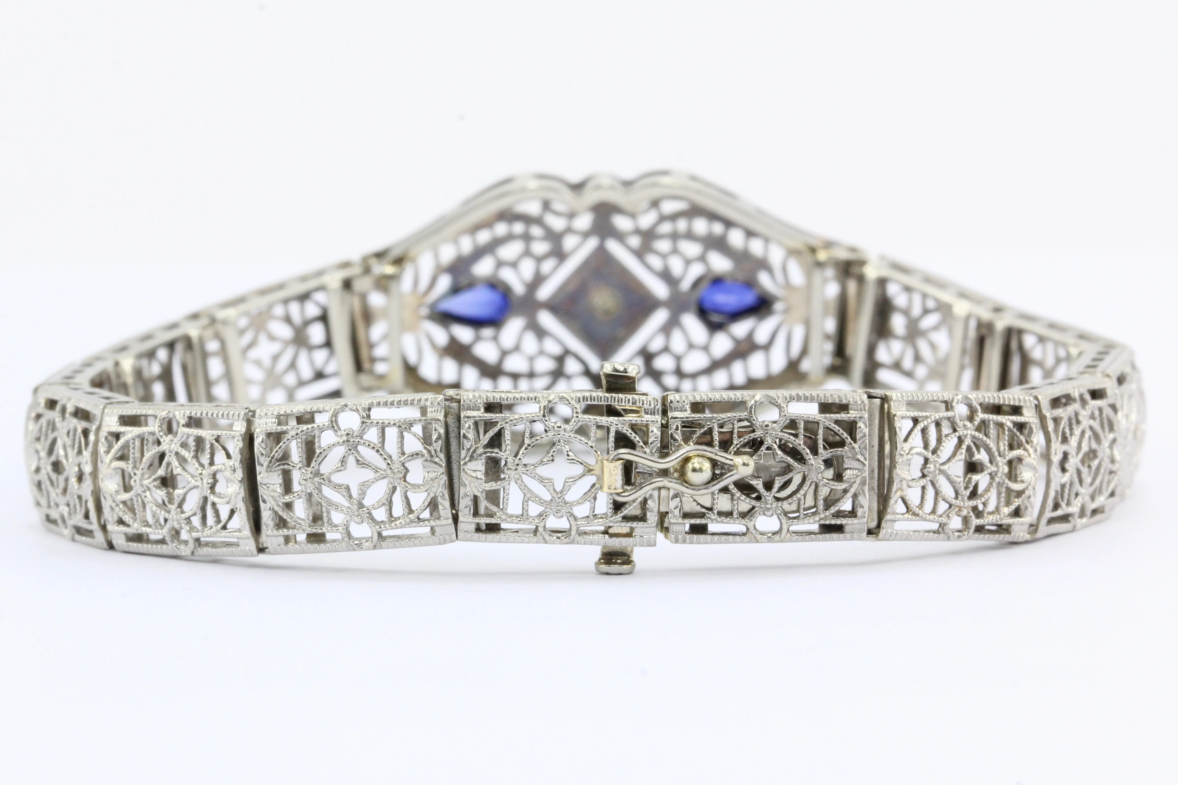 Art Deco 14K White Gold Diamond Sapphire Filigree Bracelet c.1930's