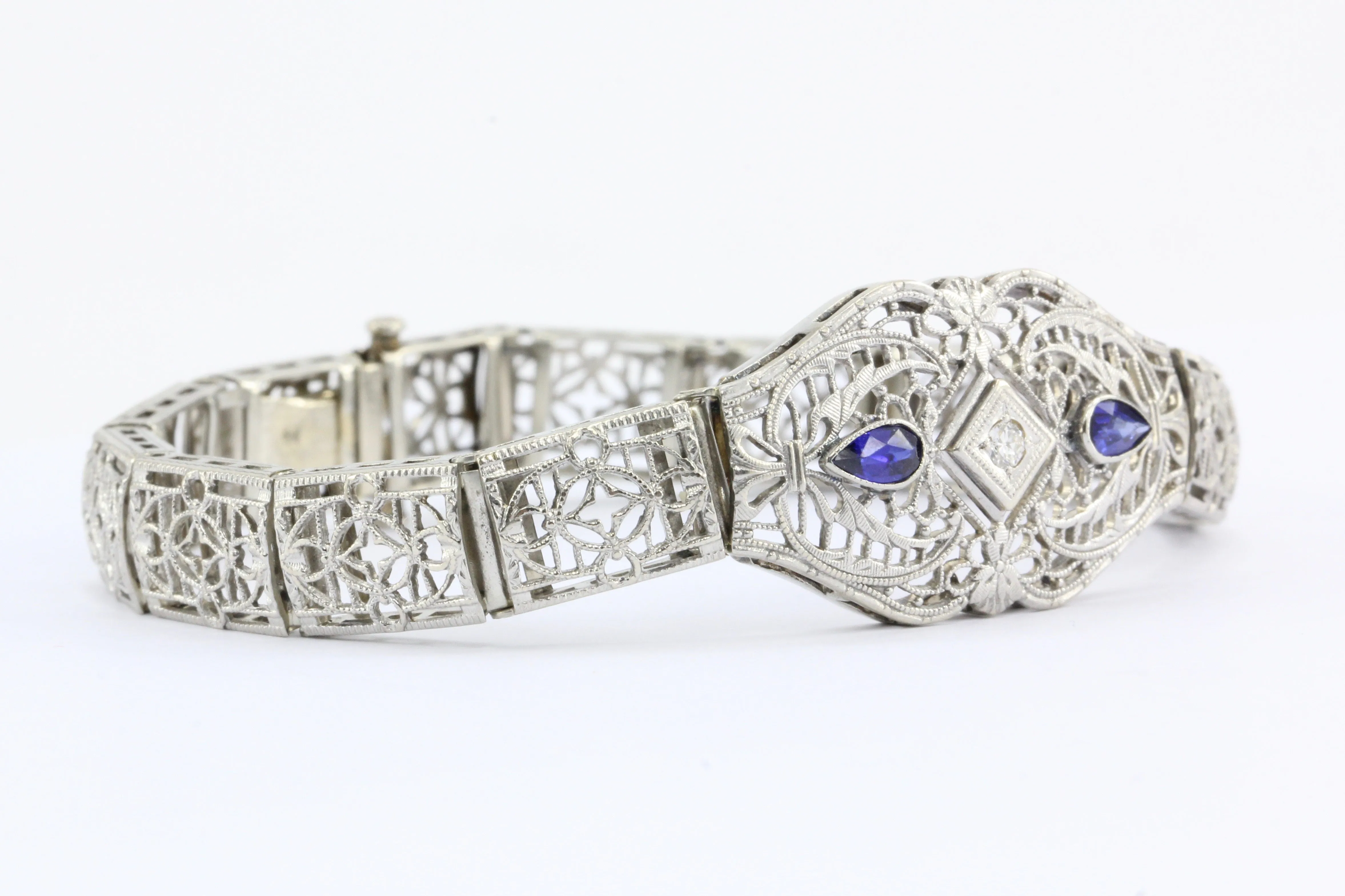 Art Deco 14K White Gold Diamond Sapphire Filigree Bracelet c.1930's