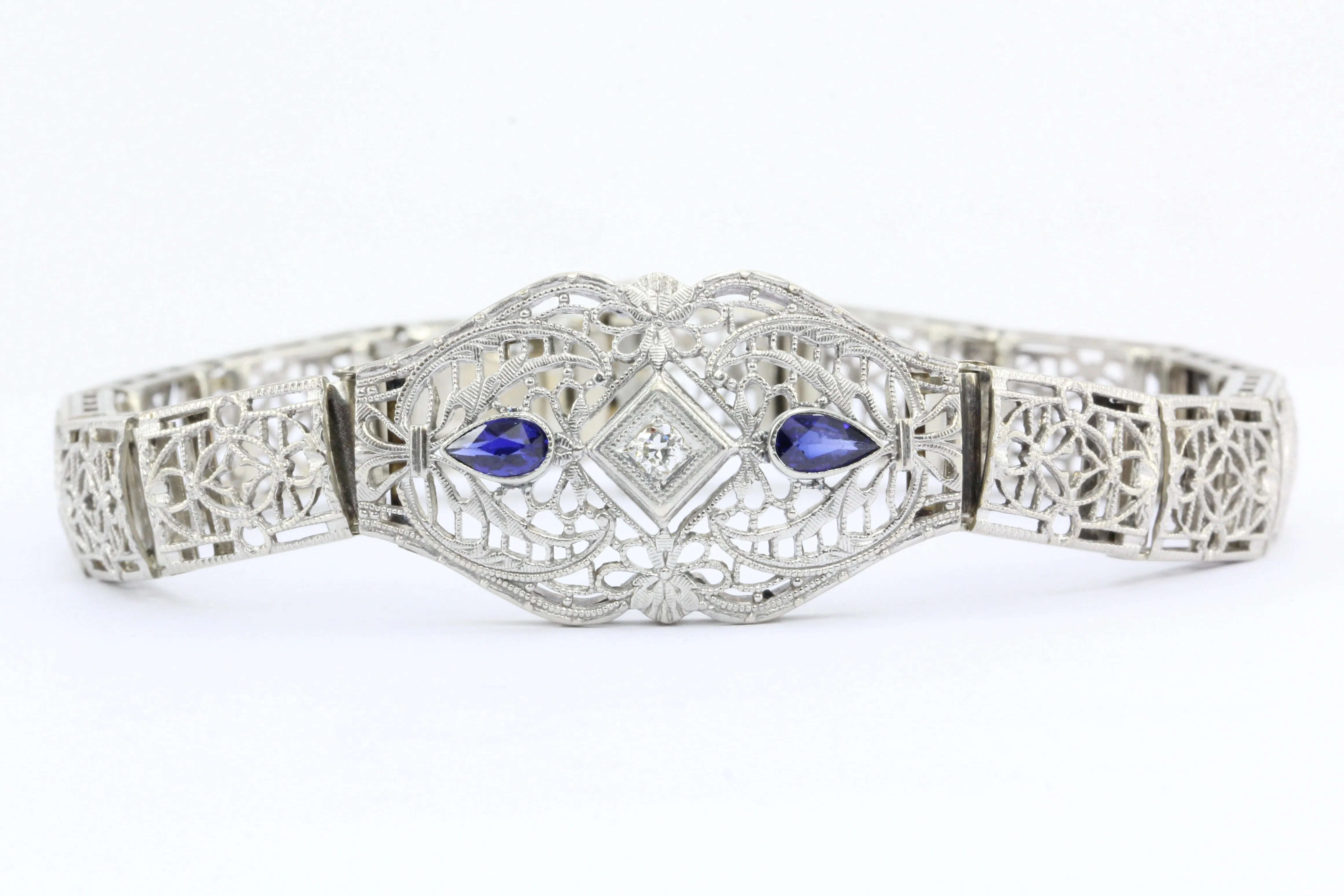 Art Deco 14K White Gold Diamond Sapphire Filigree Bracelet c.1930's
