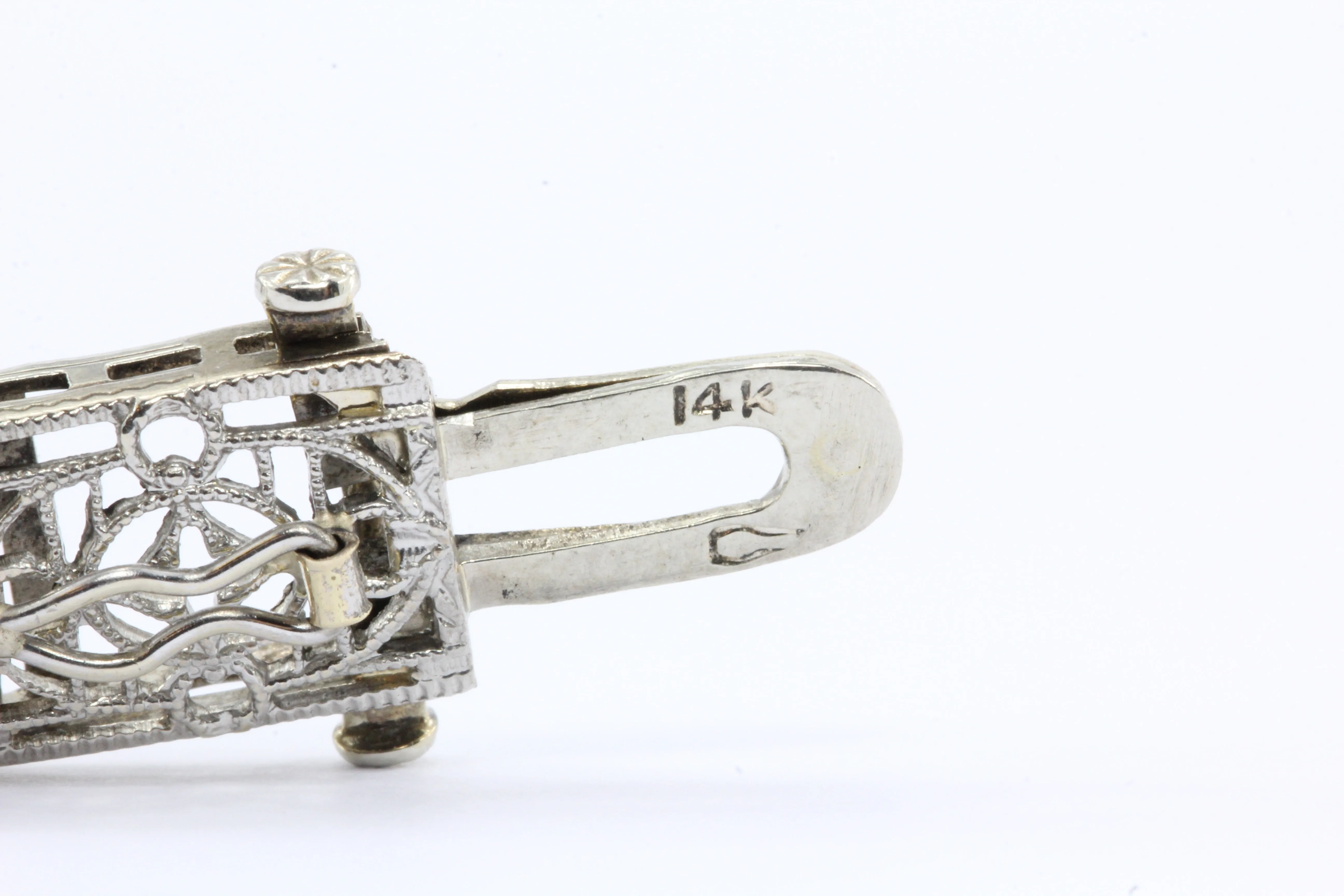 Art Deco 14K White Gold Diamond Sapphire Filigree Bracelet c.1930's