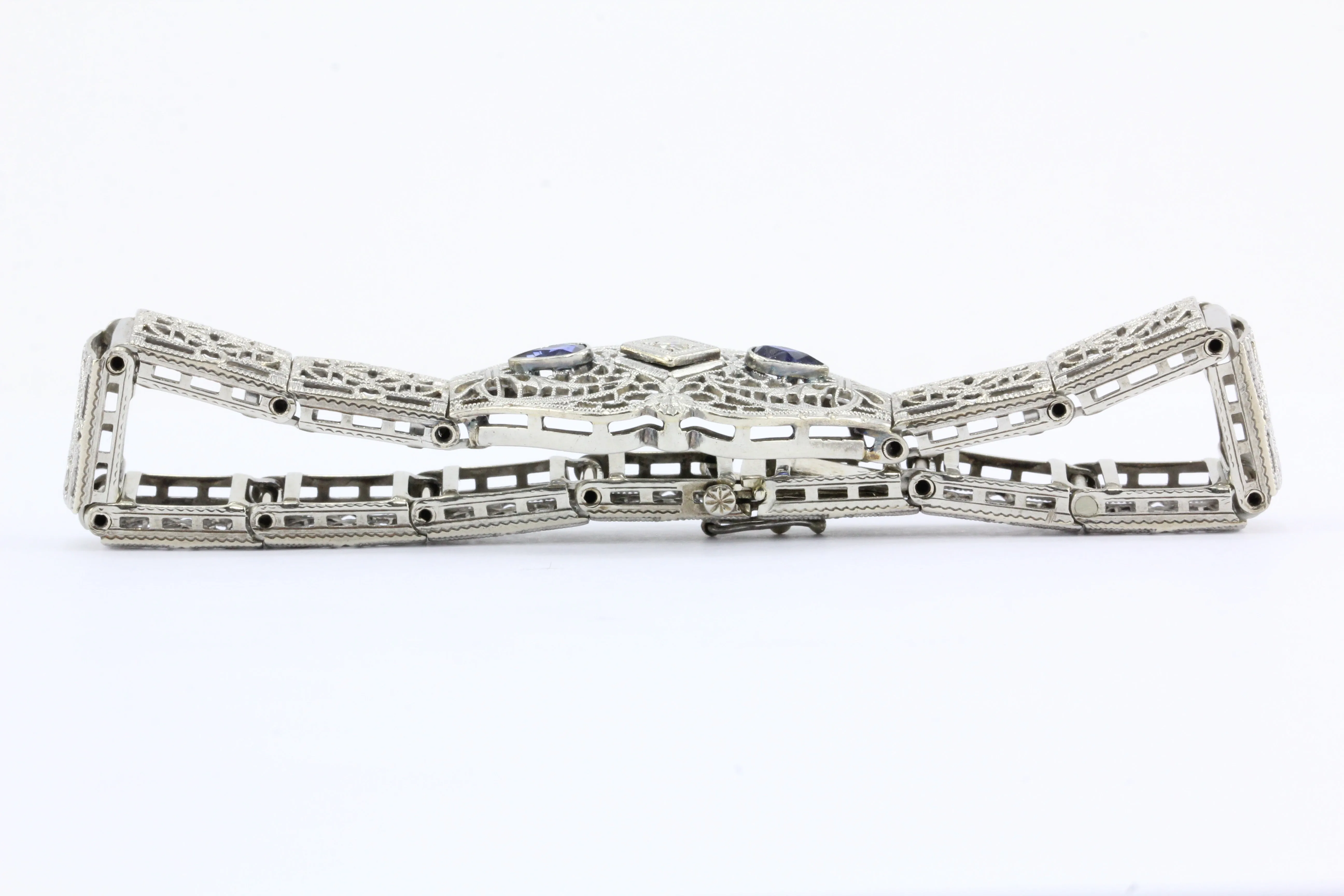 Art Deco 14K White Gold Diamond Sapphire Filigree Bracelet c.1930's