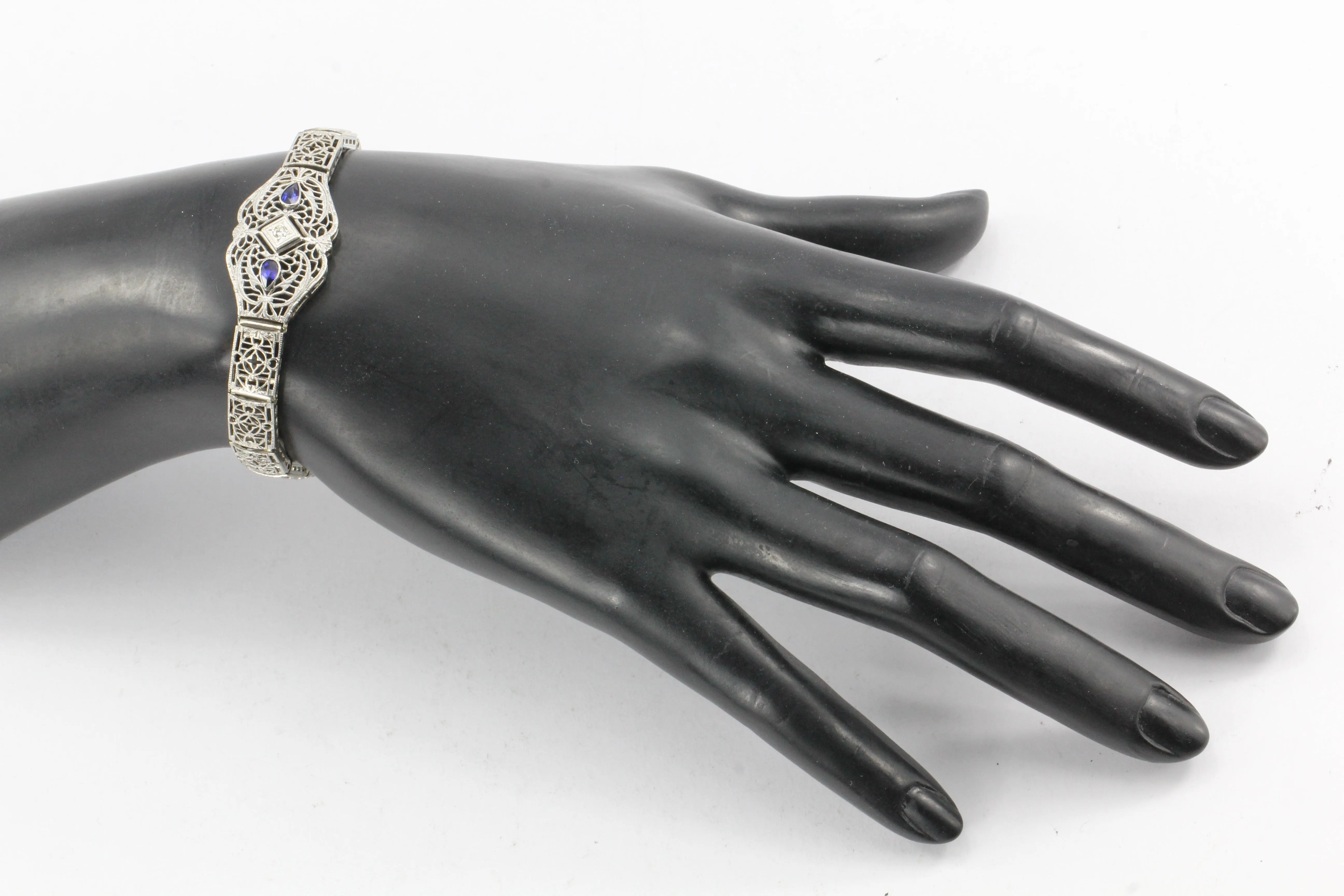 Art Deco 14K White Gold Diamond Sapphire Filigree Bracelet c.1930's