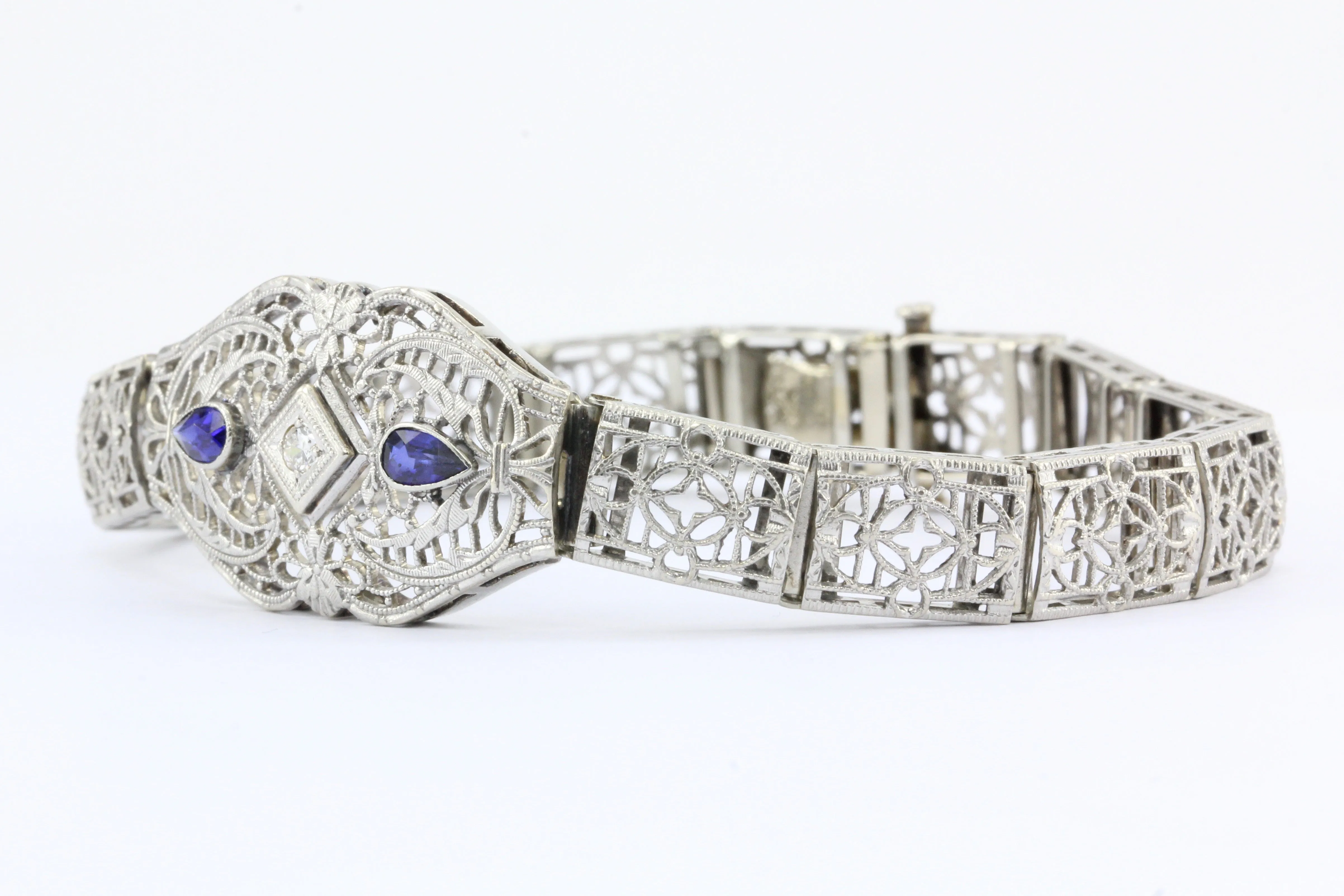 Art Deco 14K White Gold Diamond Sapphire Filigree Bracelet c.1930's
