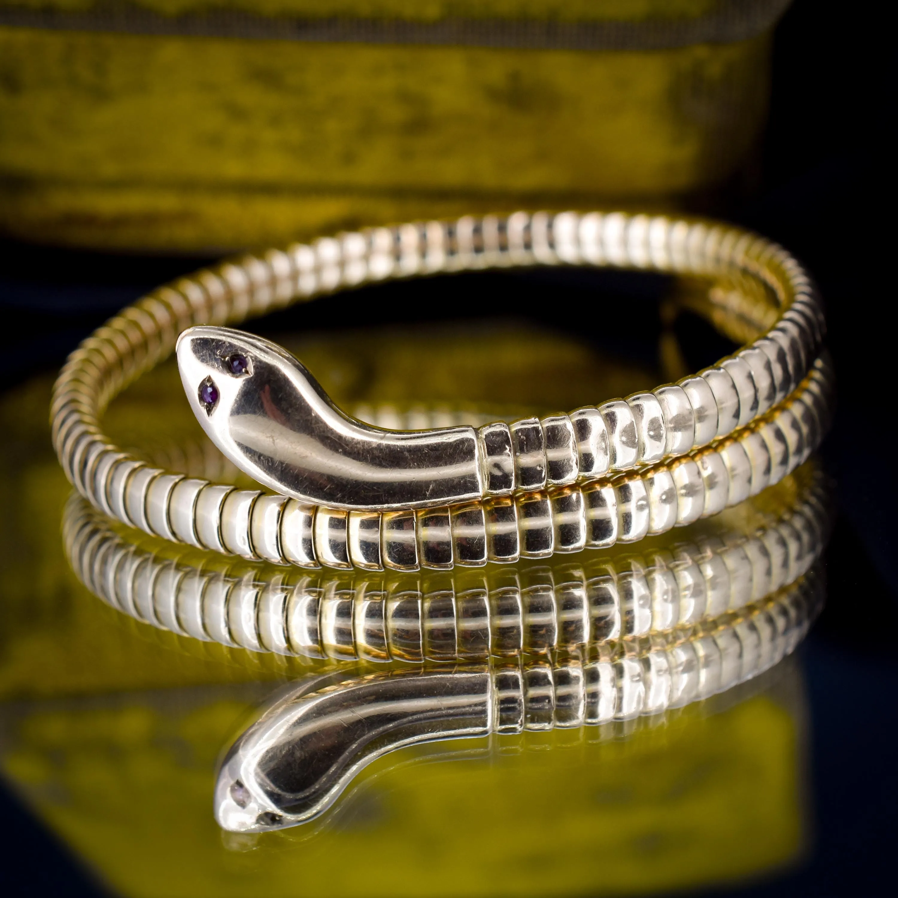 Art Deco 9ct Gold Ruby Snake Serpent Wrap Around Cuff Bangle Bracelet