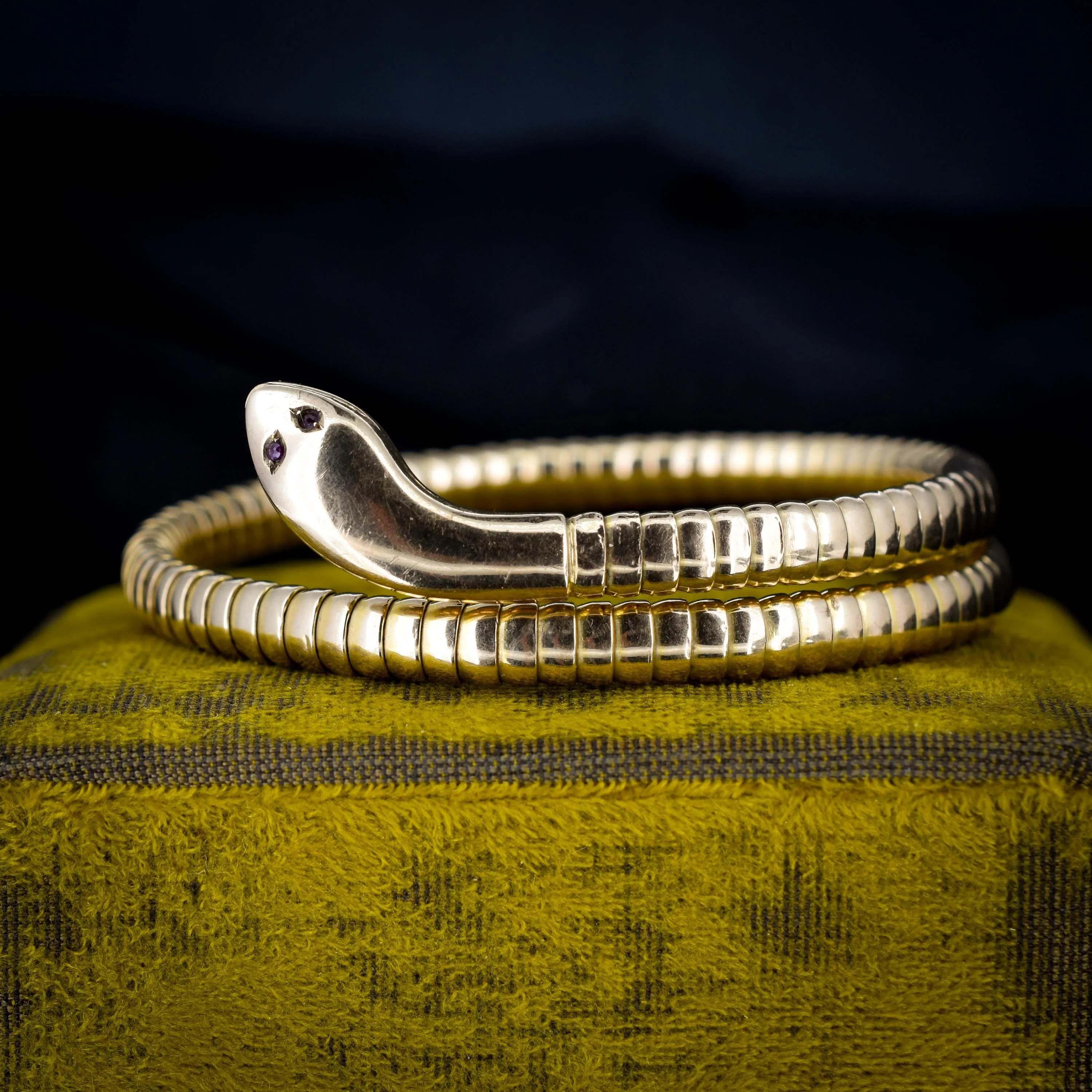 Art Deco 9ct Gold Ruby Snake Serpent Wrap Around Cuff Bangle Bracelet