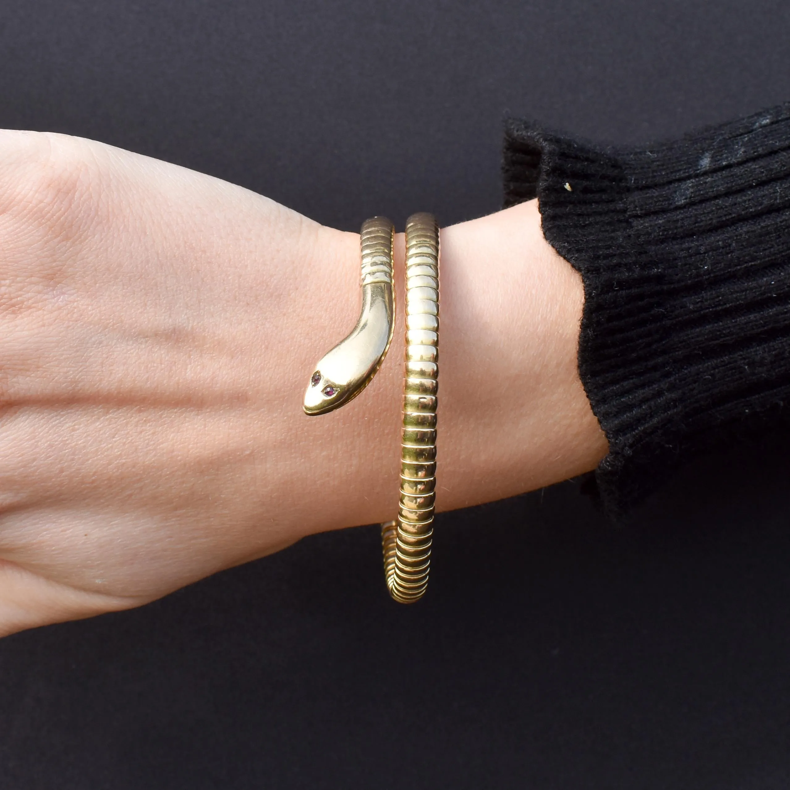 Art Deco 9ct Gold Ruby Snake Serpent Wrap Around Cuff Bangle Bracelet