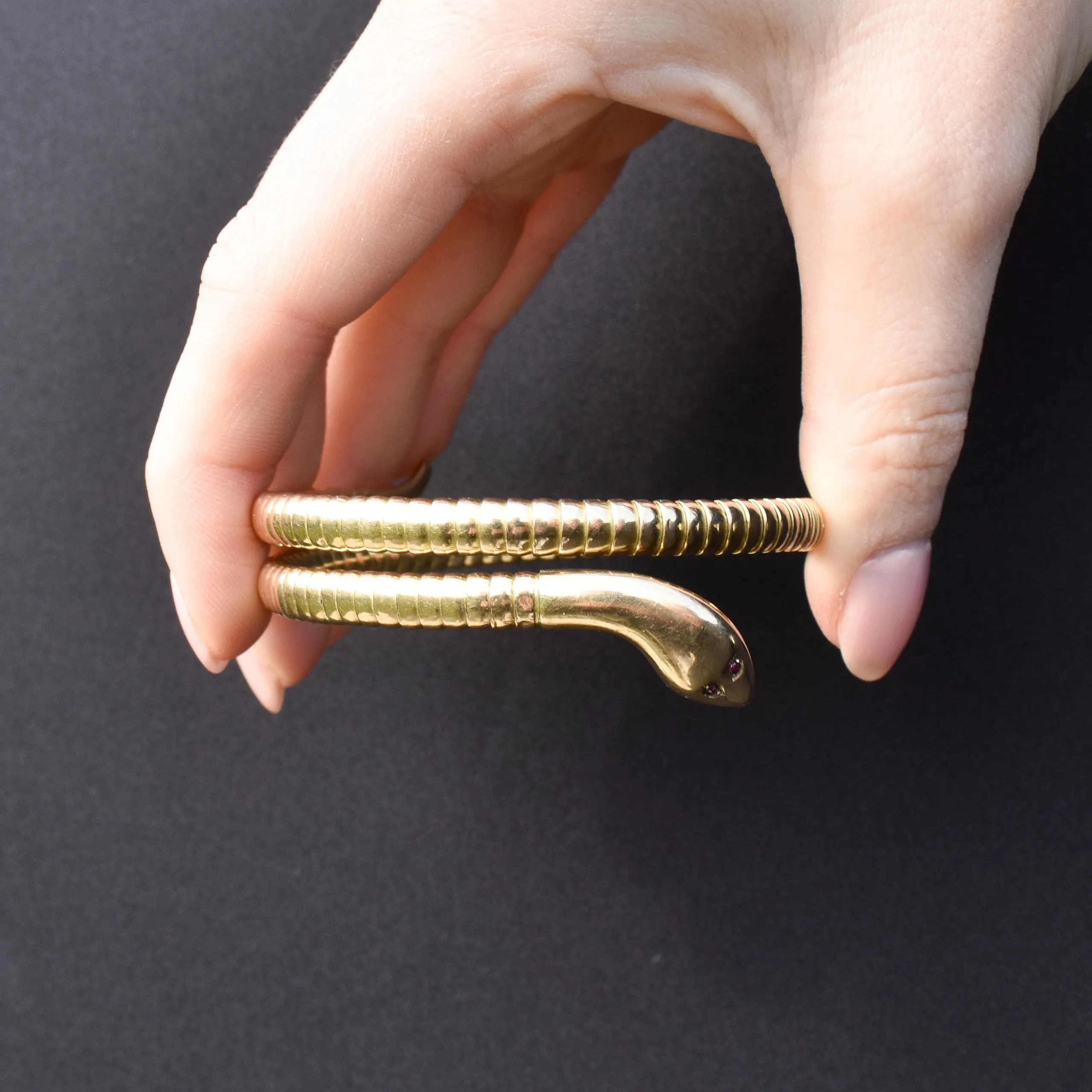 Art Deco 9ct Gold Ruby Snake Serpent Wrap Around Cuff Bangle Bracelet