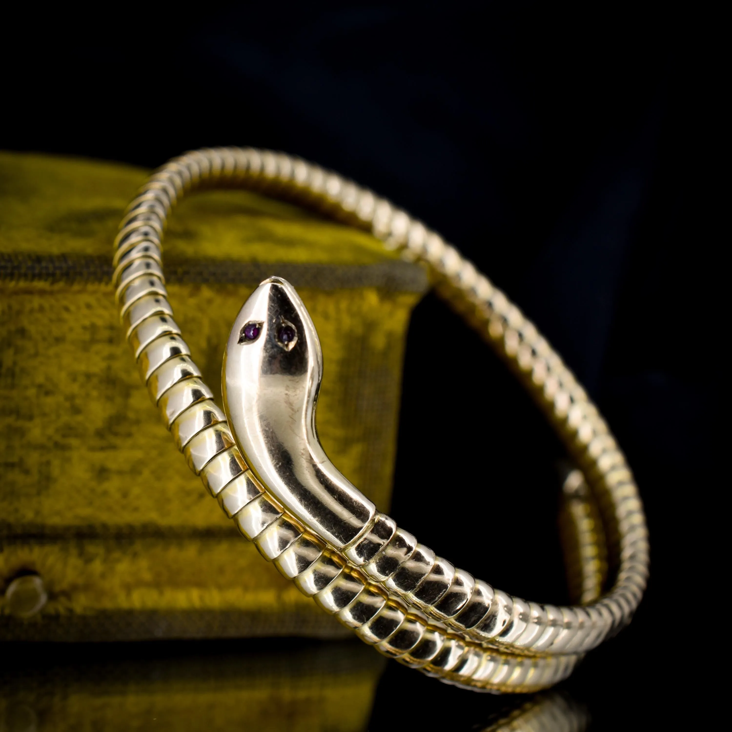 Art Deco 9ct Gold Ruby Snake Serpent Wrap Around Cuff Bangle Bracelet