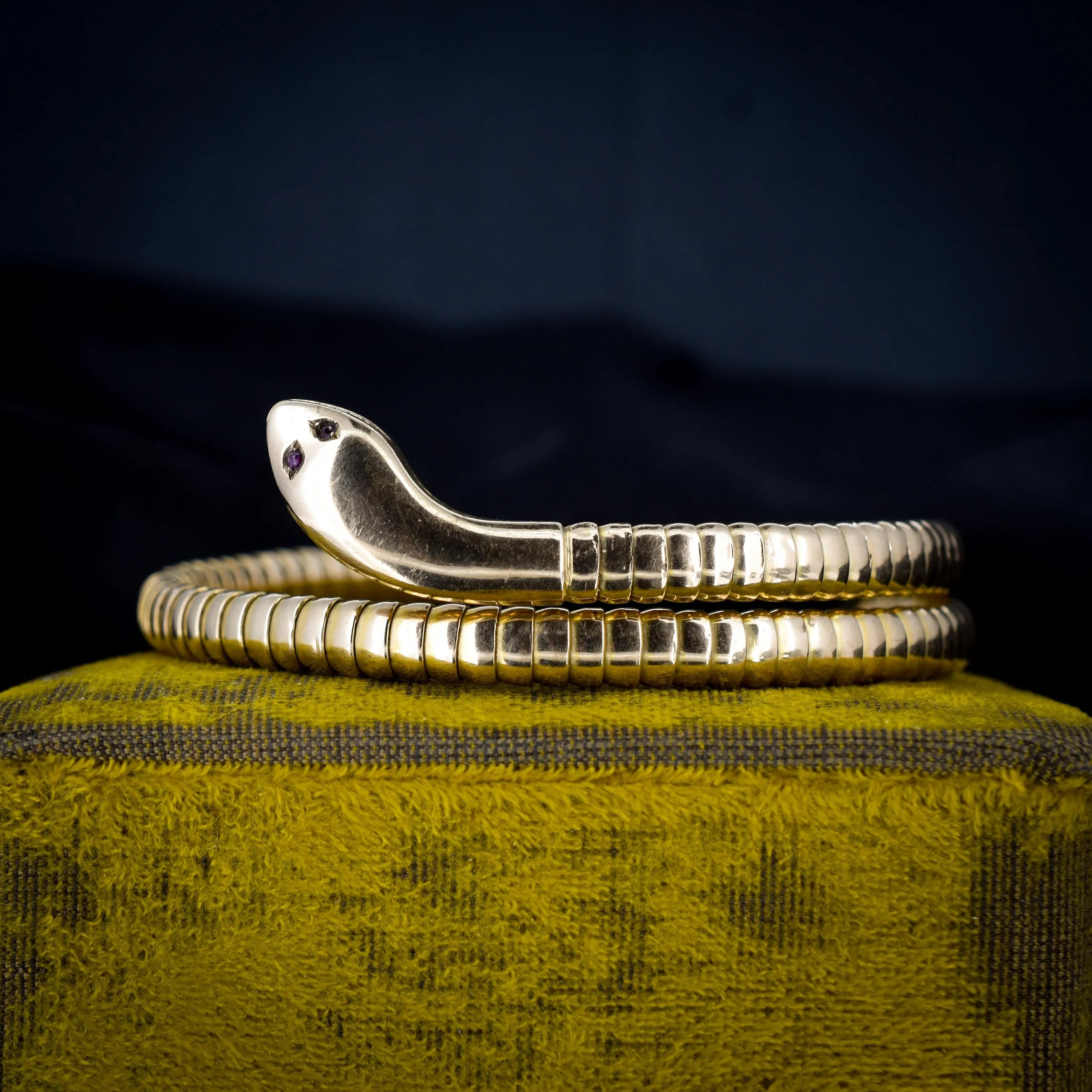 Art Deco 9ct Gold Ruby Snake Serpent Wrap Around Cuff Bangle Bracelet