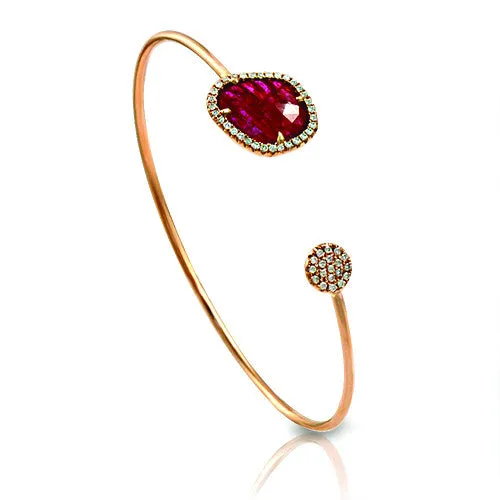 Bangle Cuff Bracelet With Fancy  Sliced Shaped Ruby And 0.30ct Round Cut Diamonds, 14k Rose Gold.