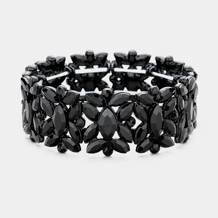 Black Crystal Floral Pageant Stretch Bracelet  | Prom Bracelet | 389477