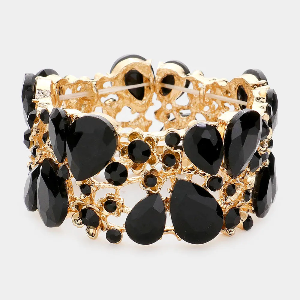 Black Crystal Teardrop Floral Stretch Bracelet  |  606918