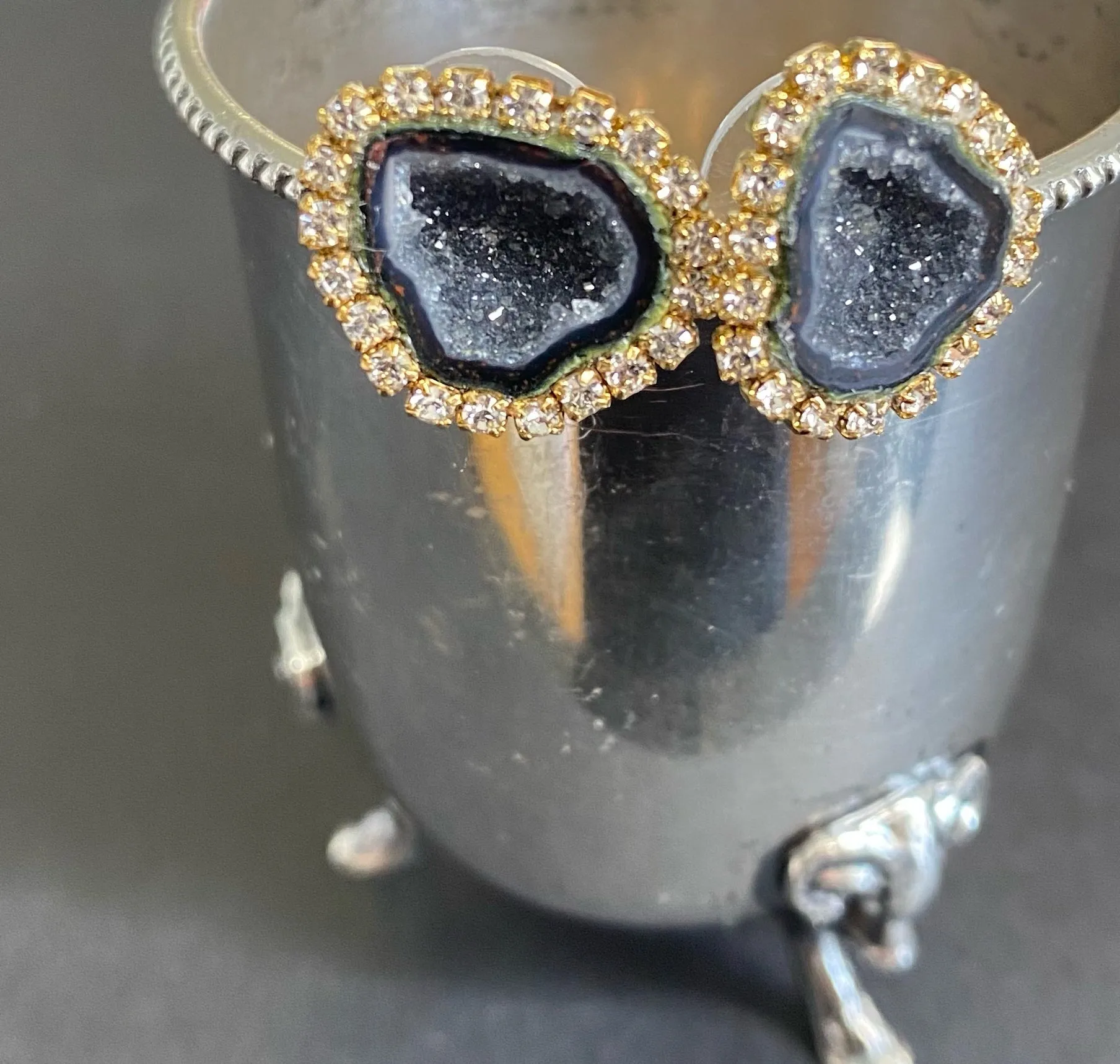 Black Geode Druzy Stud Earrings Diamond Look