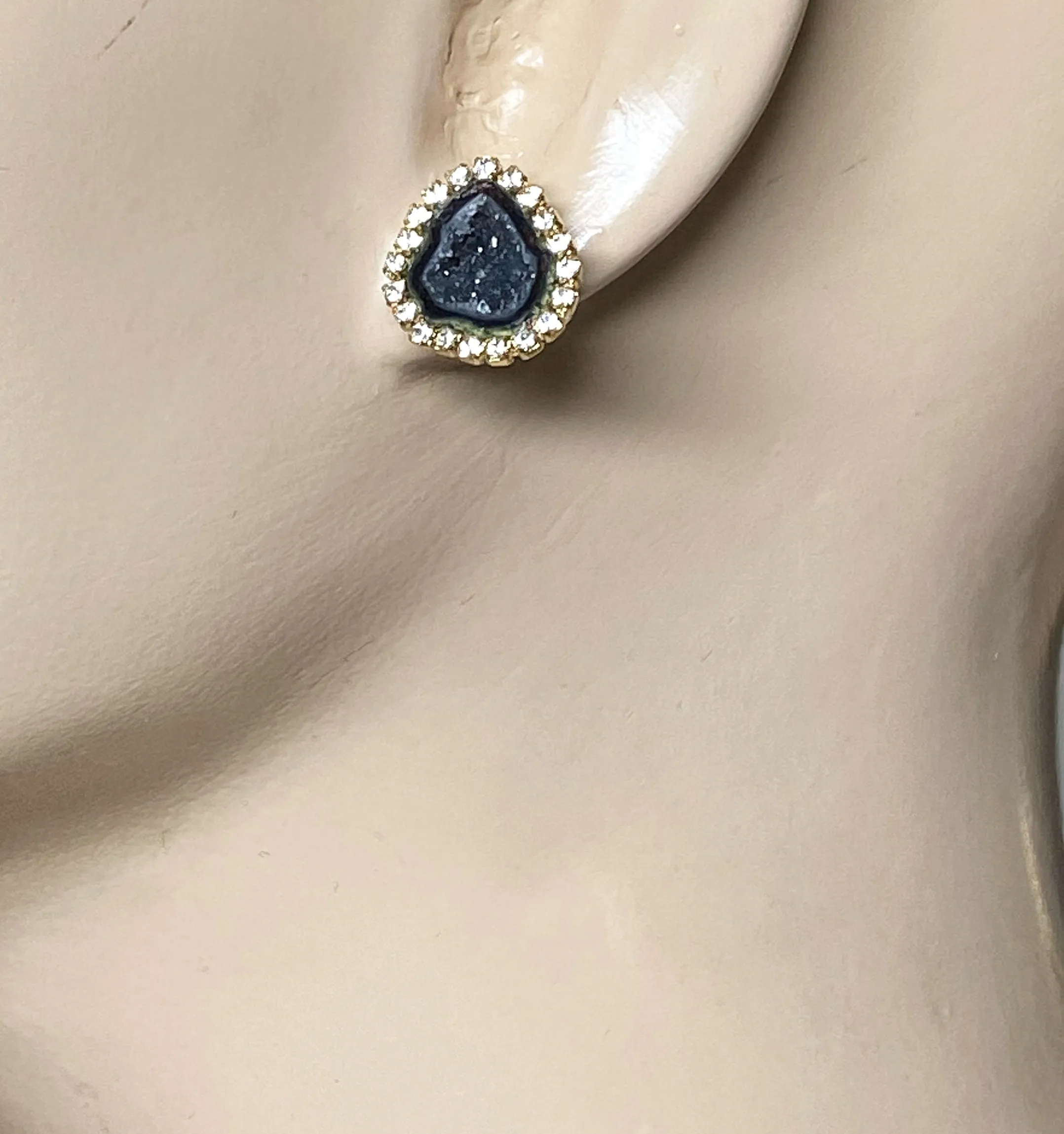 Black Geode Druzy Stud Earrings Diamond Look