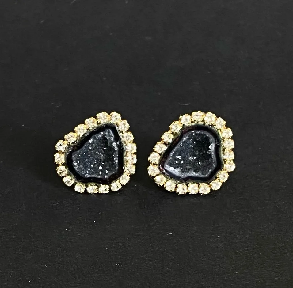 Black Geode Druzy Stud Earrings Diamond Look