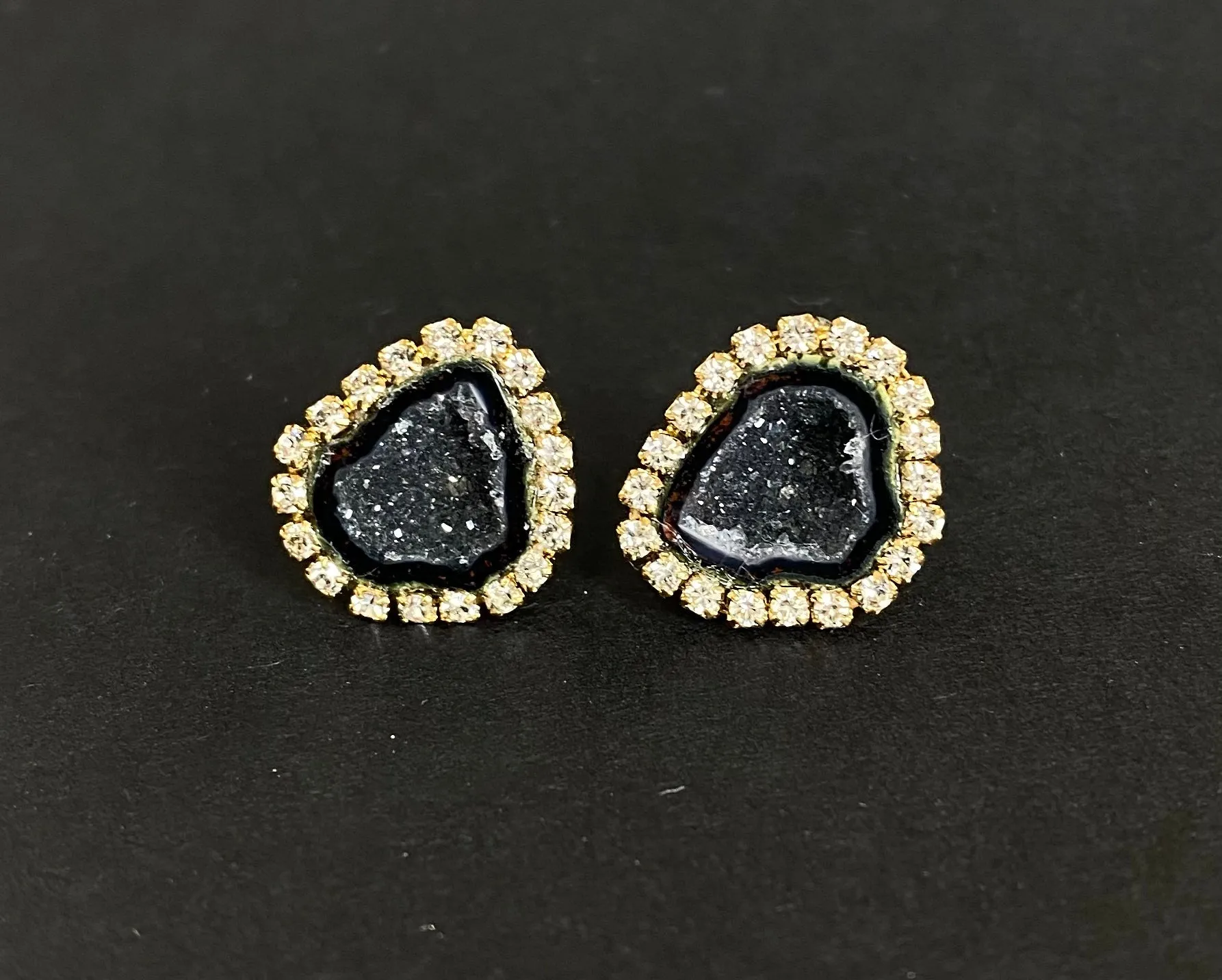 Black Geode Druzy Stud Earrings Diamond Look