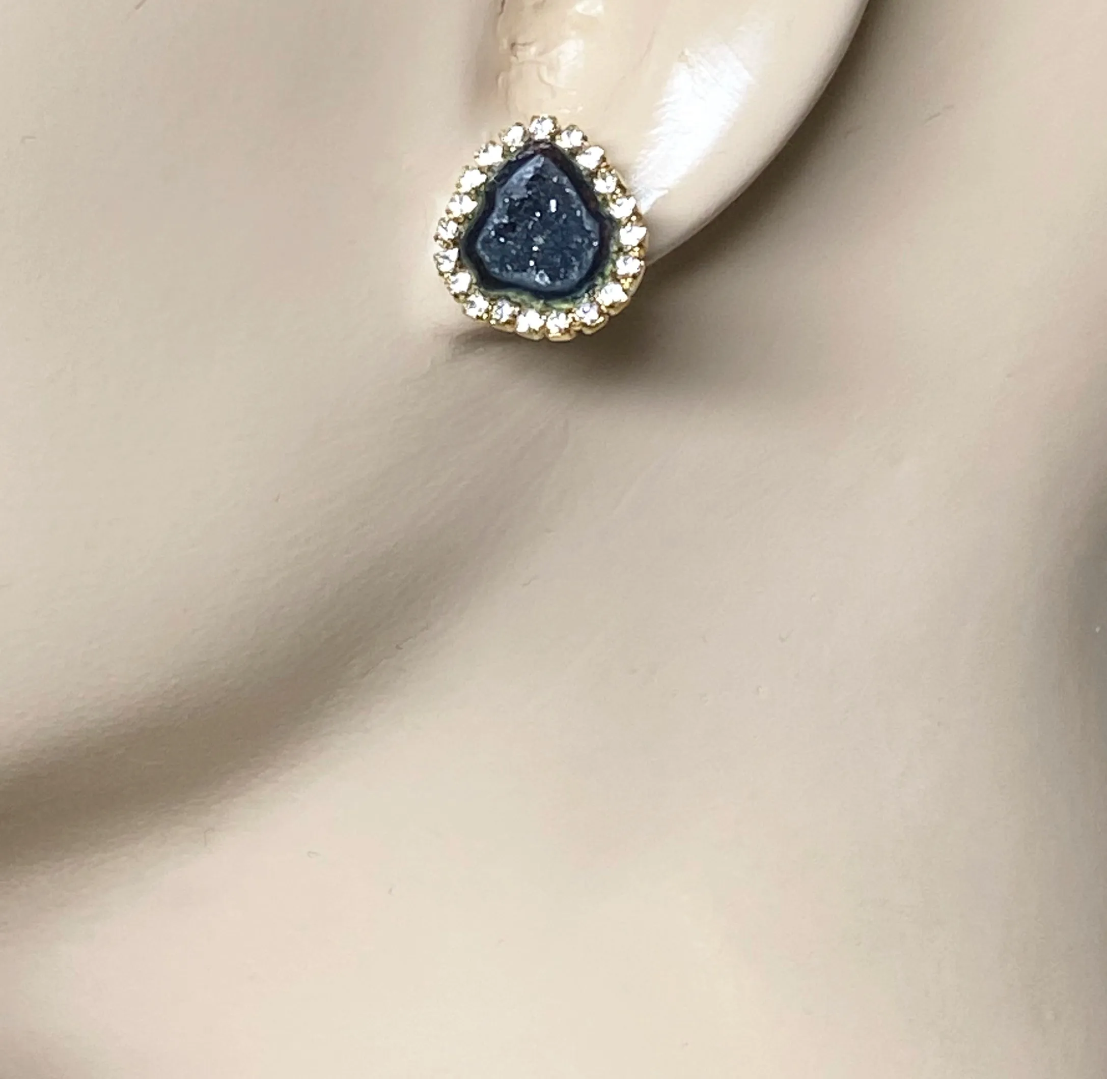 Black Geode Druzy Stud Earrings Diamond Look