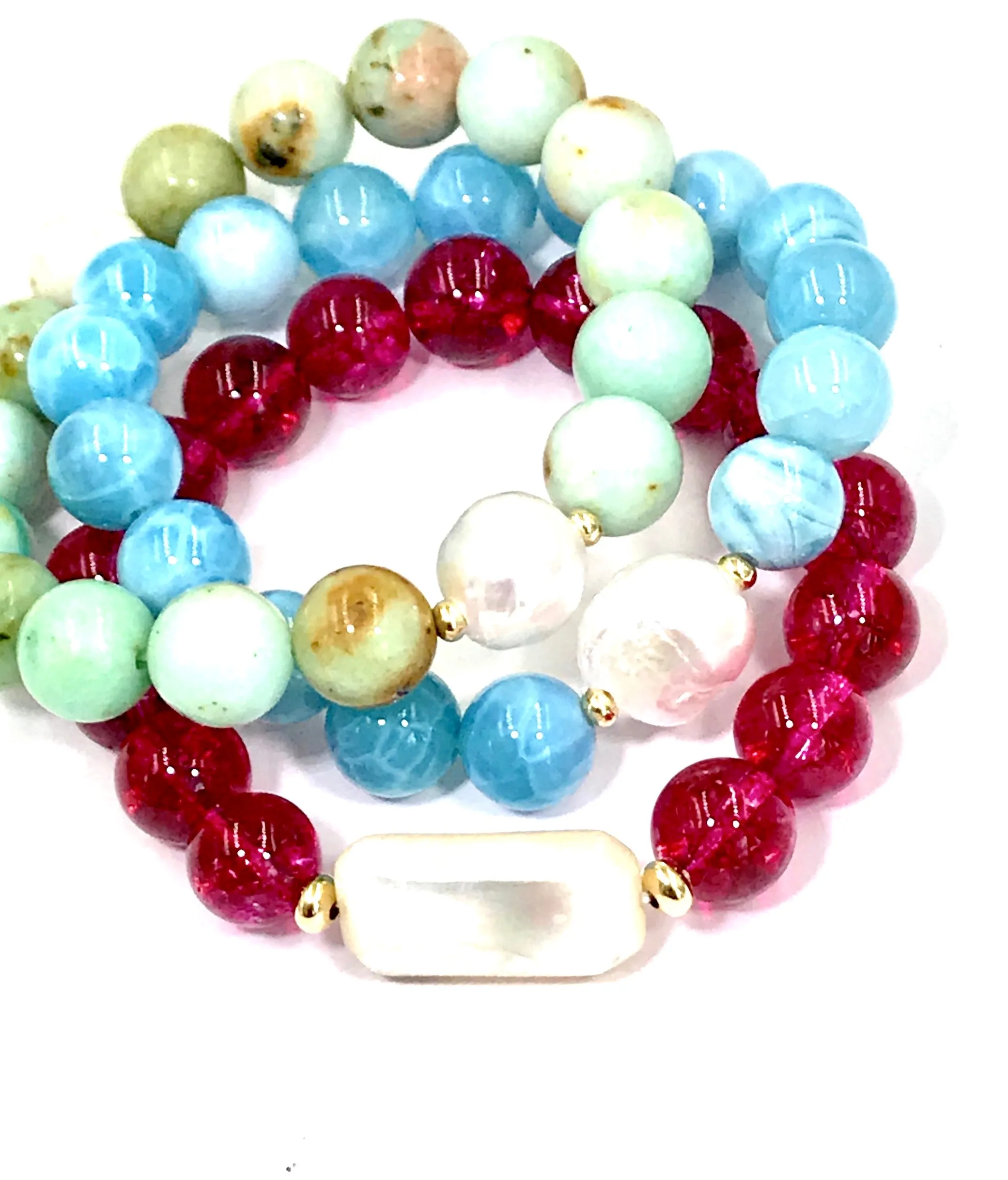 Blue Beaded Stretch Stacking Bracelet with Pearl, Blue Chalcedony