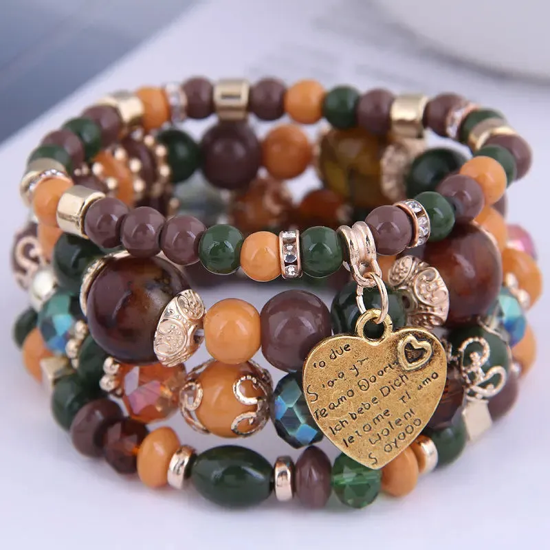Bohemian Pink Crystal Beads Heart Charm Bracelets Women Girls Ethnic Tree Of Life Charm Wrap Bracelet