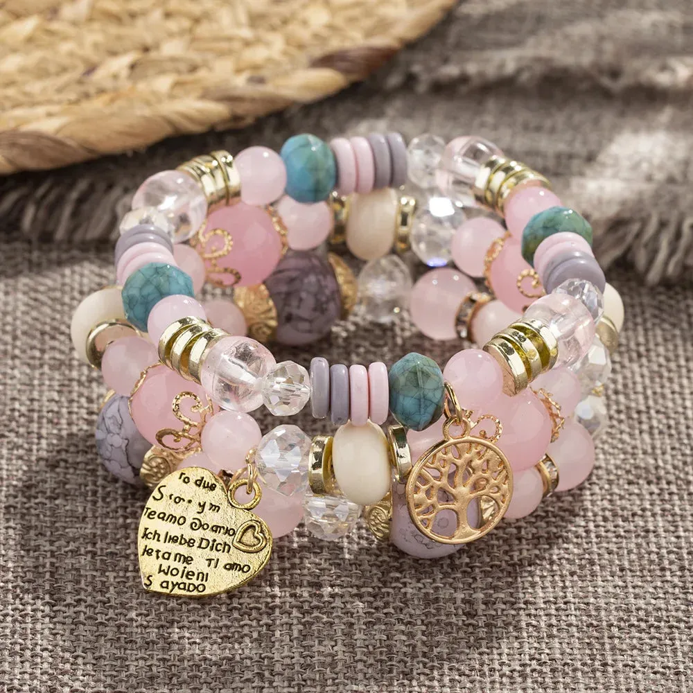Bohemian Pink Crystal Beads Heart Charm Bracelets Women Girls Ethnic Tree Of Life Charm Wrap Bracelet