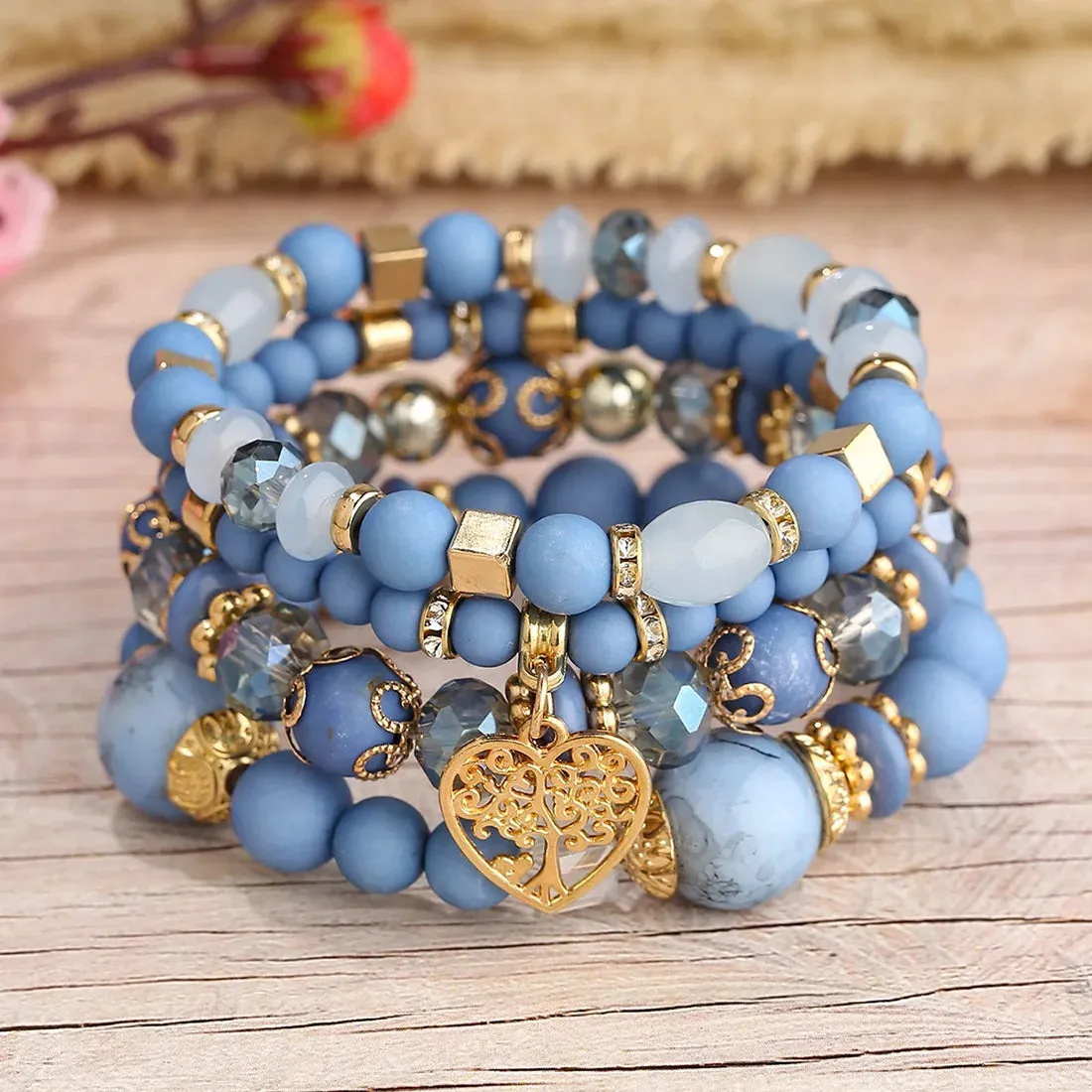 Bohemian Pink Crystal Beads Heart Charm Bracelets Women Girls Ethnic Tree Of Life Charm Wrap Bracelet