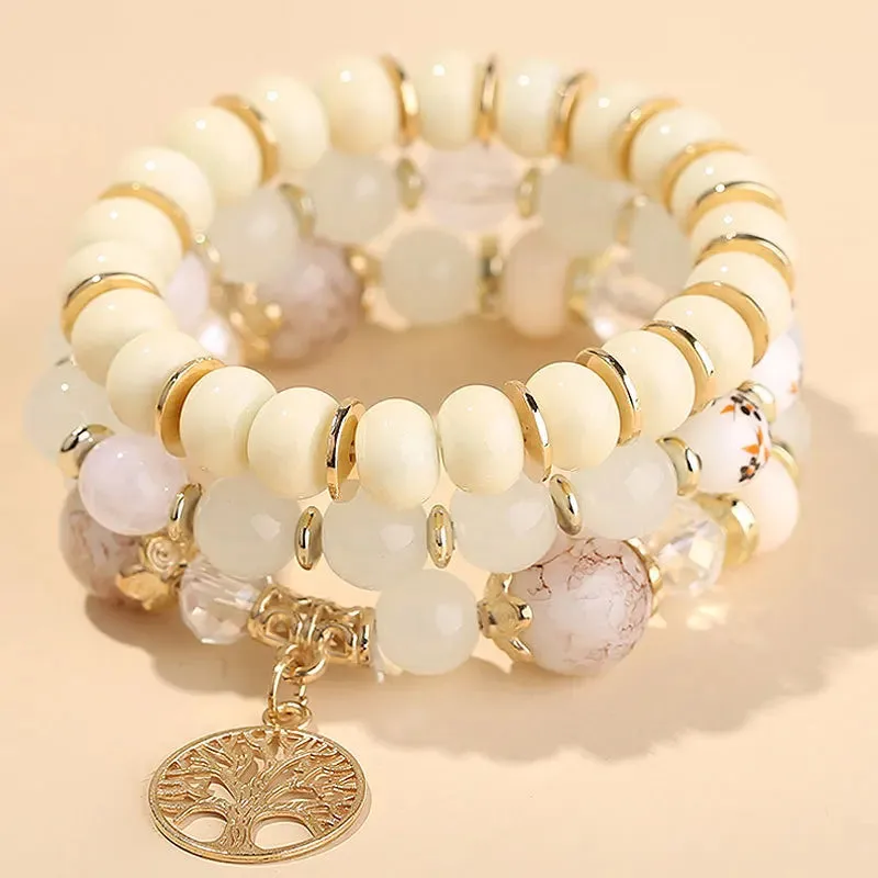 Bohemian Pink Crystal Beads Heart Charm Bracelets Women Girls Ethnic Tree Of Life Charm Wrap Bracelet