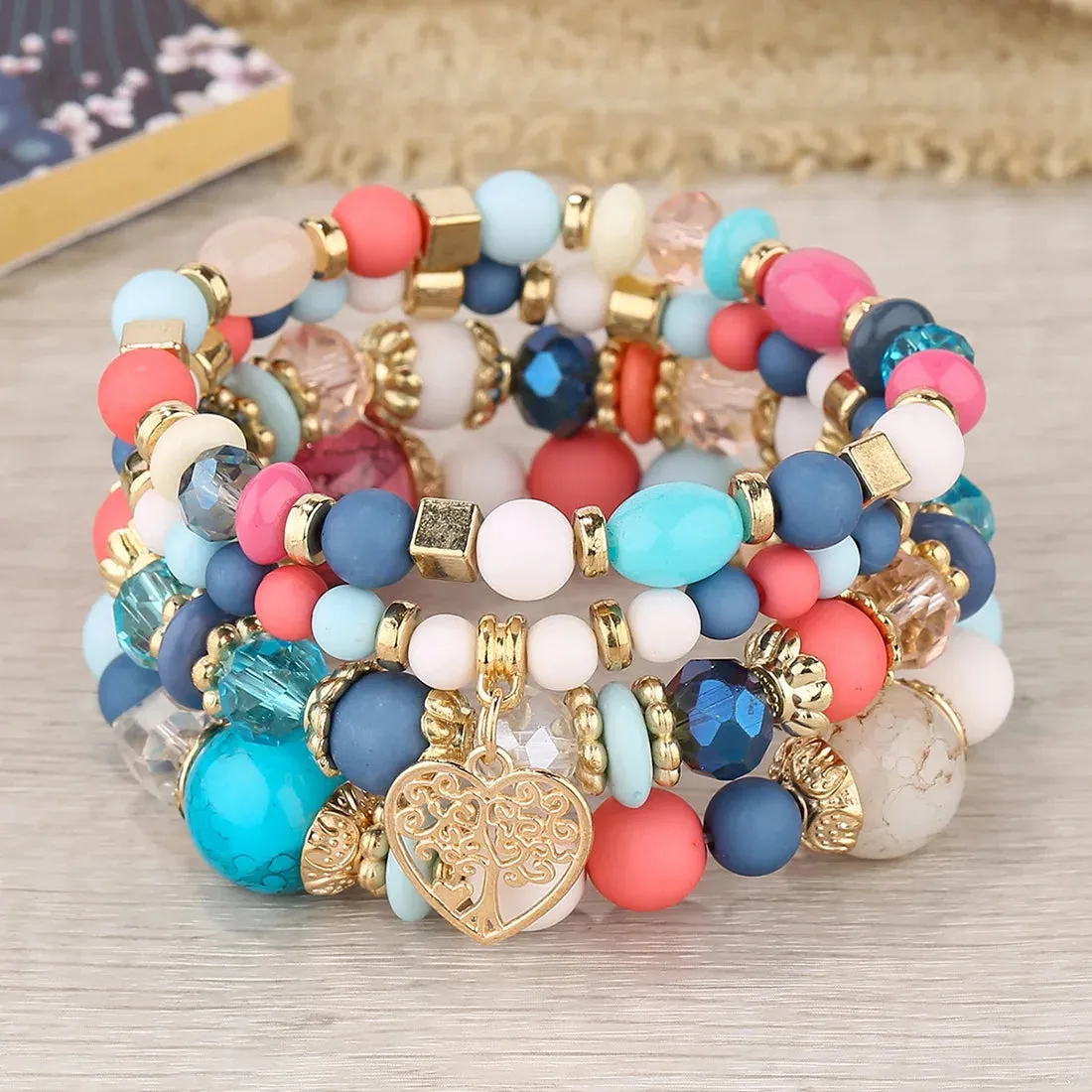 Bohemian Pink Crystal Beads Heart Charm Bracelets Women Girls Ethnic Tree Of Life Charm Wrap Bracelet