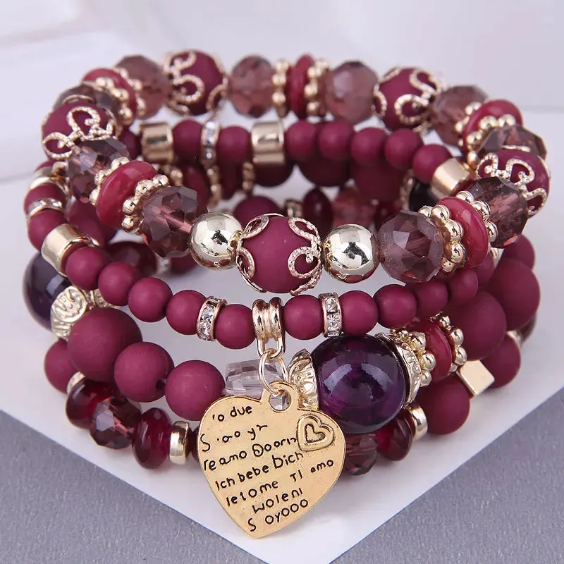 Bohemian Pink Crystal Beads Heart Charm Bracelets Women Girls Ethnic Tree Of Life Charm Wrap Bracelet