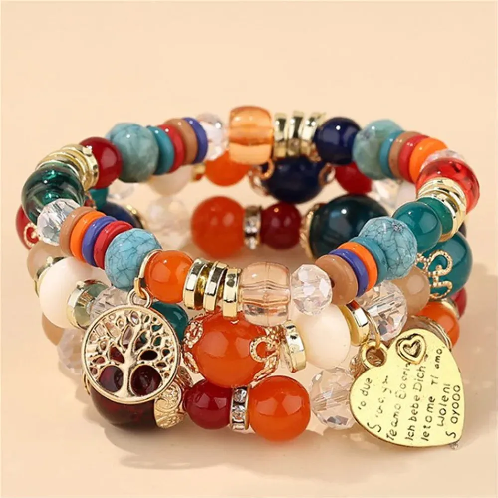 Bohemian Pink Crystal Beads Heart Charm Bracelets Women Girls Ethnic Tree Of Life Charm Wrap Bracelet